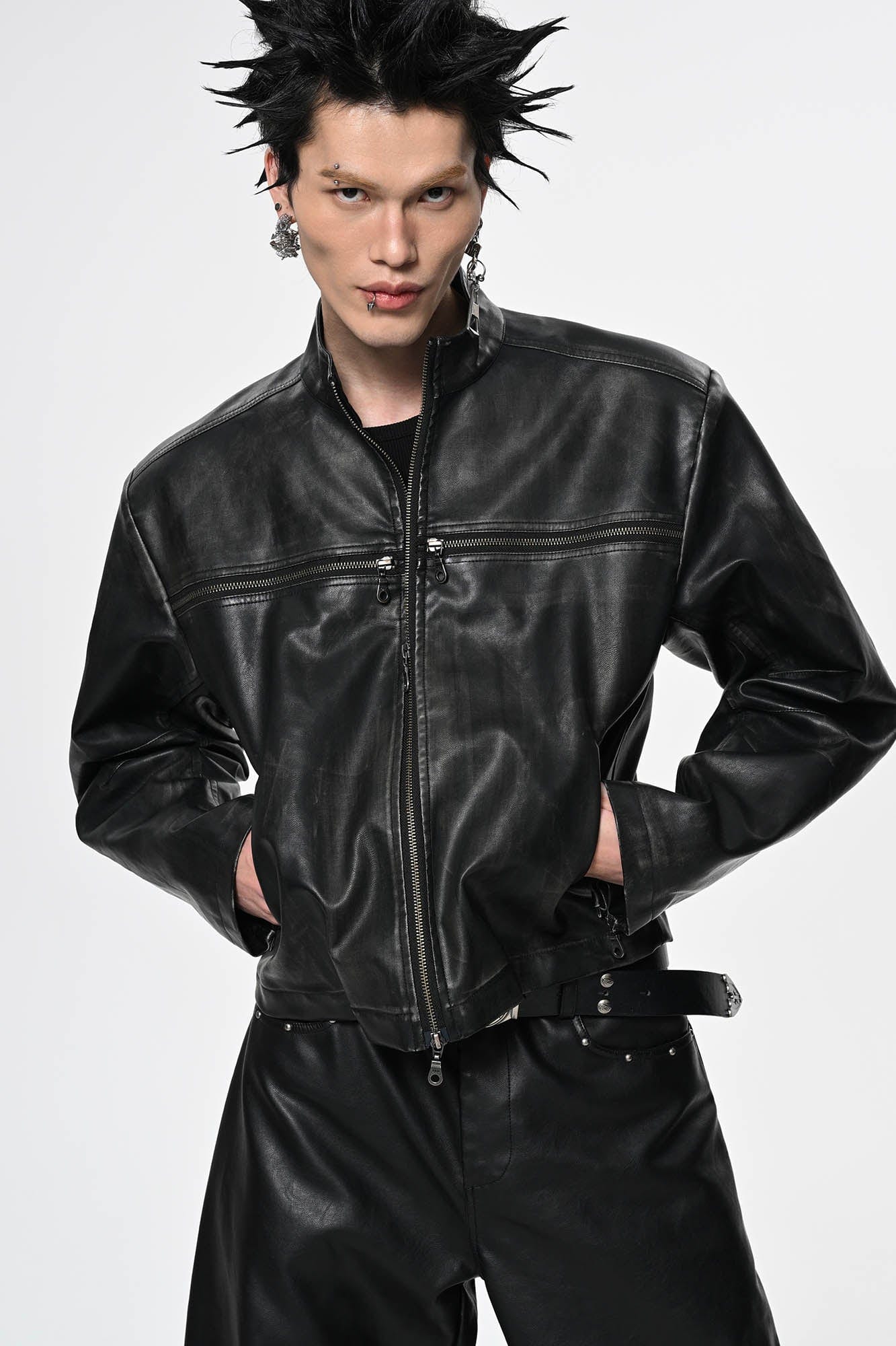 SAVAGEGROWTHWORLD Crossed Spliced Rivet Faux Leather Jacket, premium urban and streetwear designers apparel on PROJECTISR.com, SAVAGEGROWTHWORLD