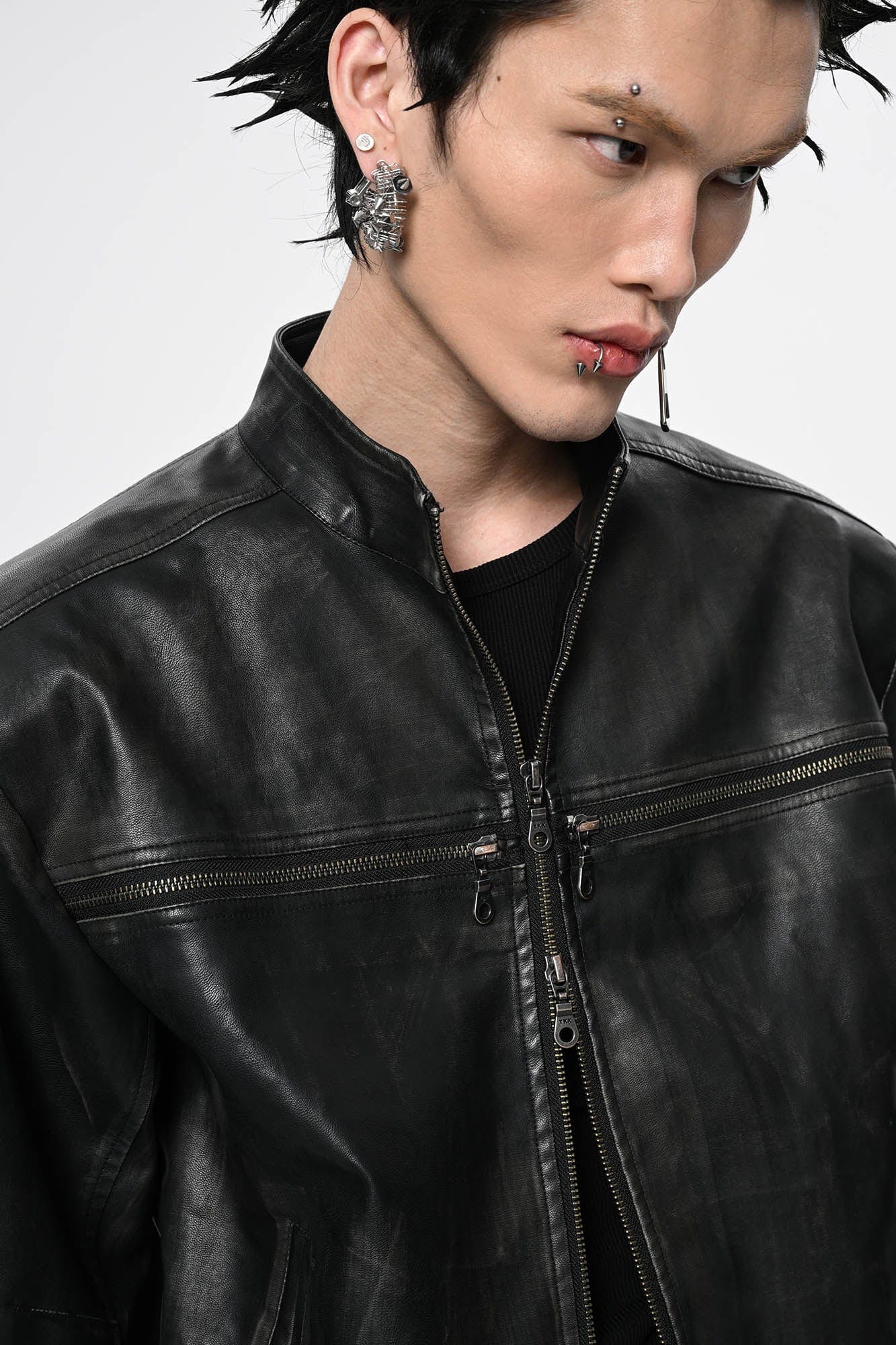 SAVAGEGROWTHWORLD Crossed Spliced Rivet Faux Leather Jacket, premium urban and streetwear designers apparel on PROJECTISR.com, SAVAGEGROWTHWORLD