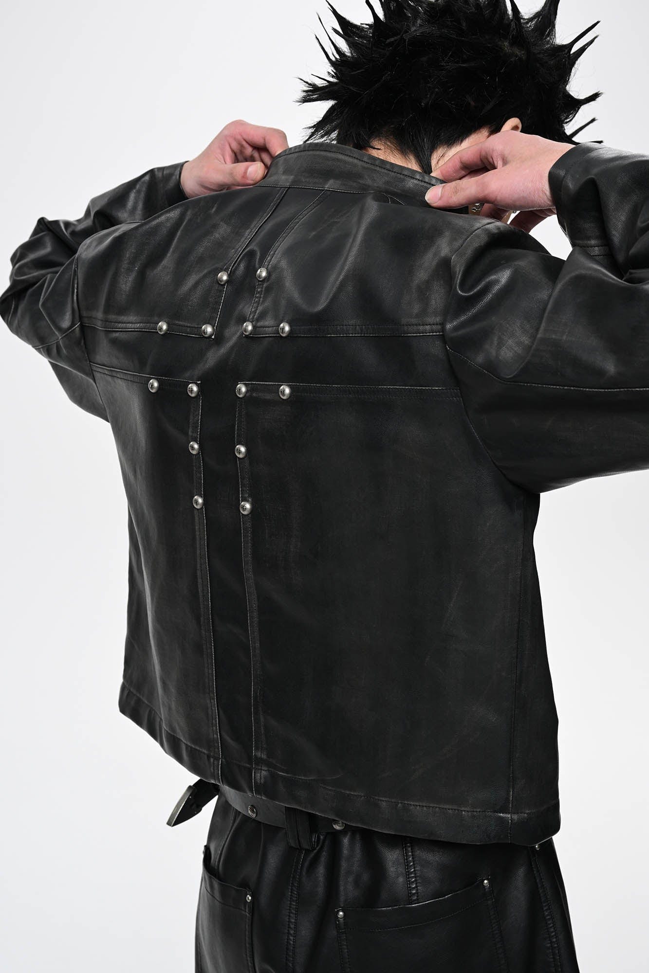SAVAGEGROWTHWORLD Crossed Spliced Rivet Faux Leather Jacket, premium urban and streetwear designers apparel on PROJECTISR.com, SAVAGEGROWTHWORLD