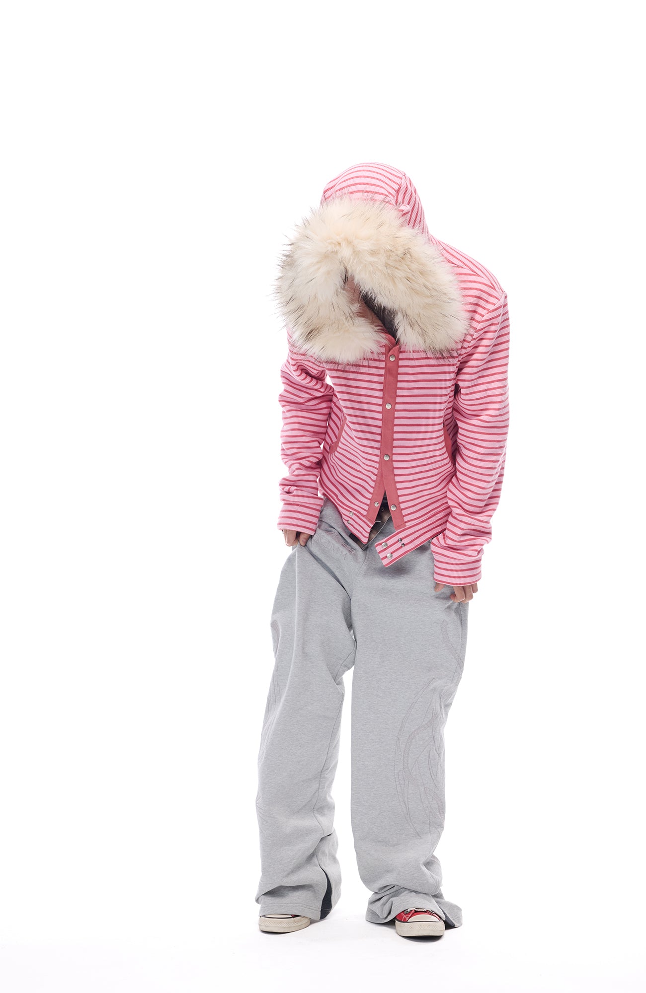 WHISTLEHUNTER Striped Detachable-Fur Hooded Jacket