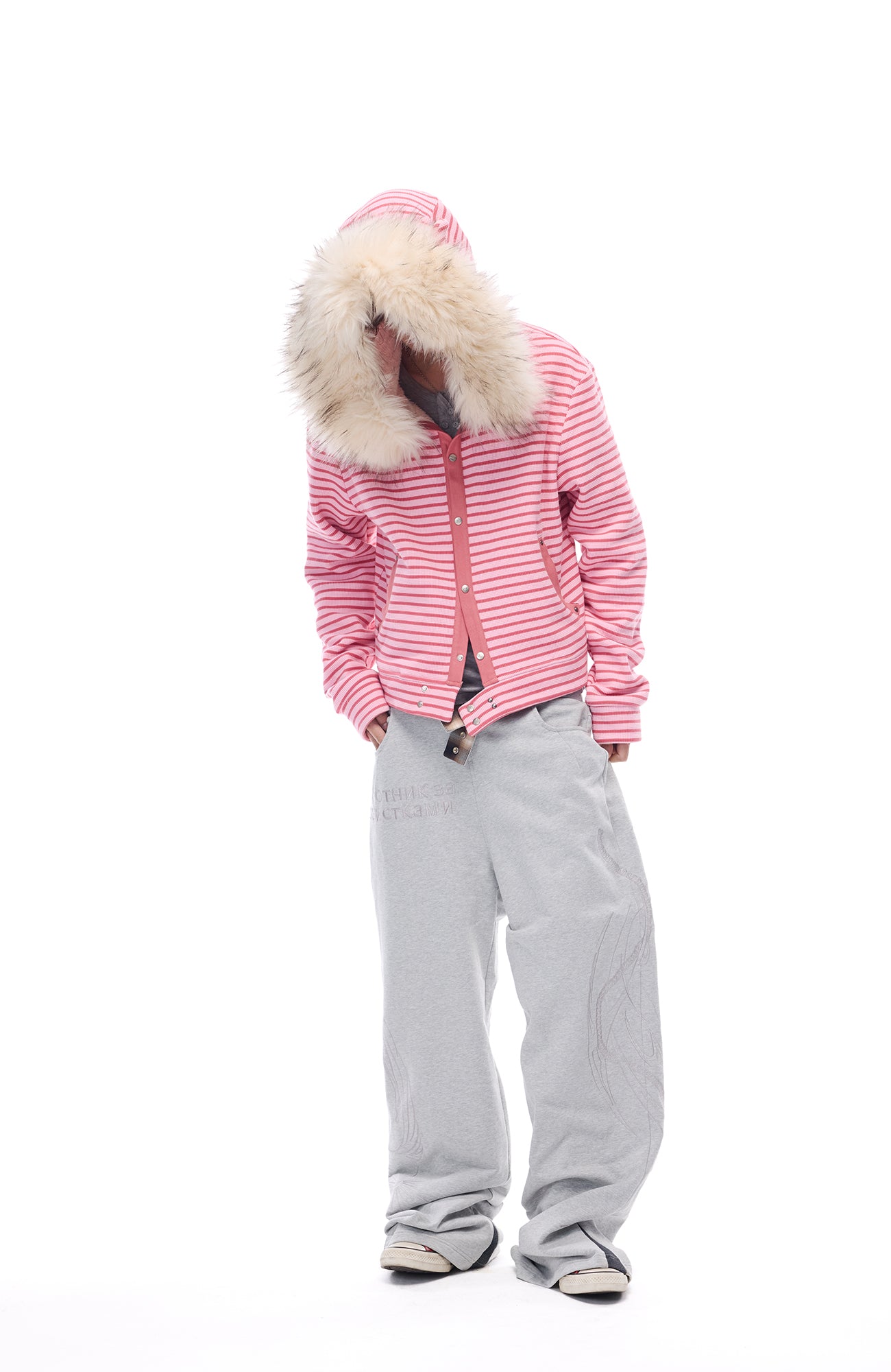 WHISTLEHUNTER Striped Detachable-Fur Hooded Jacket