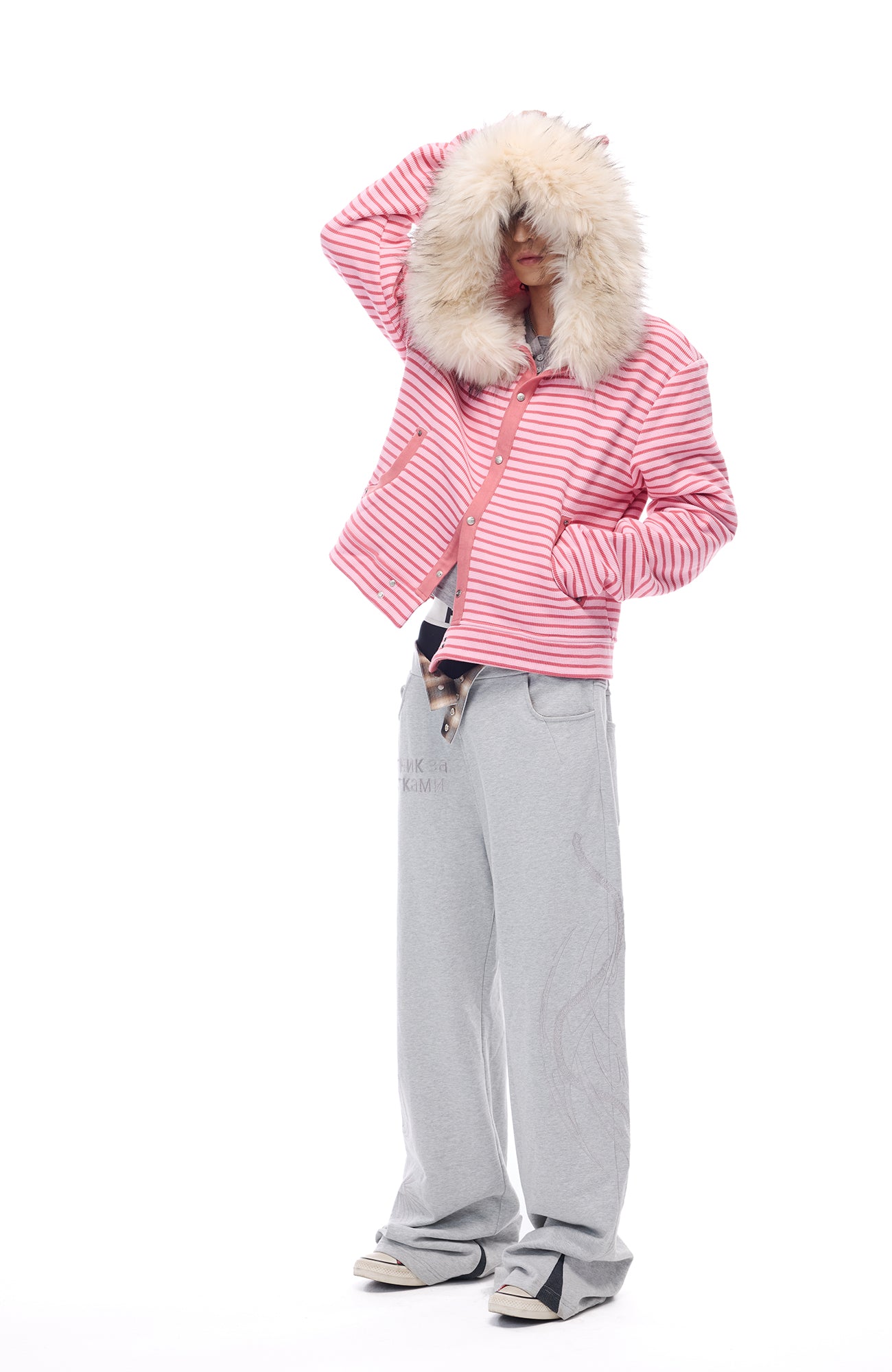 WHISTLEHUNTER Striped Detachable-Fur Hooded Jacket