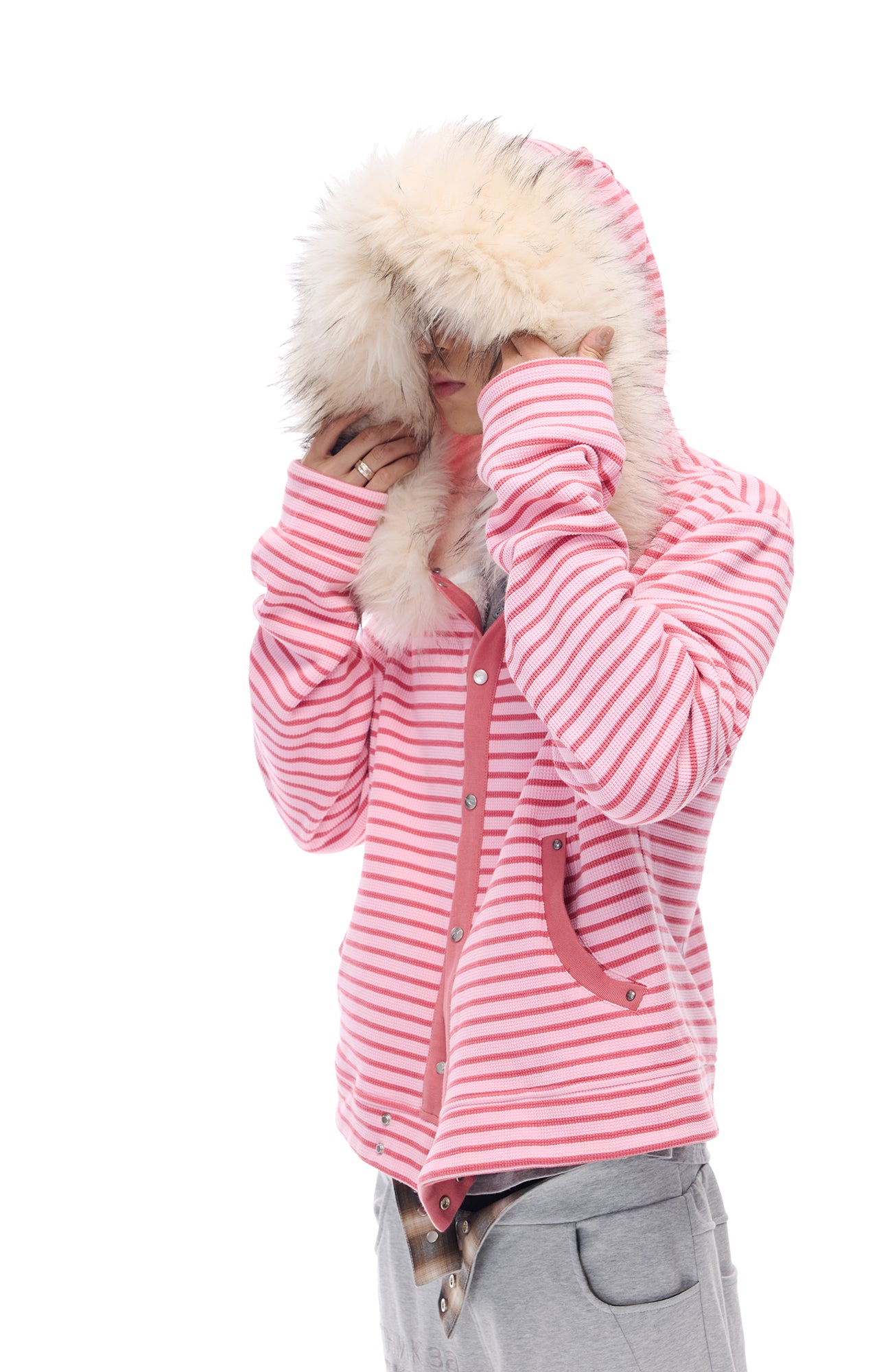 WHISTLEHUNTER Striped Detachable-Fur Hooded Jacket