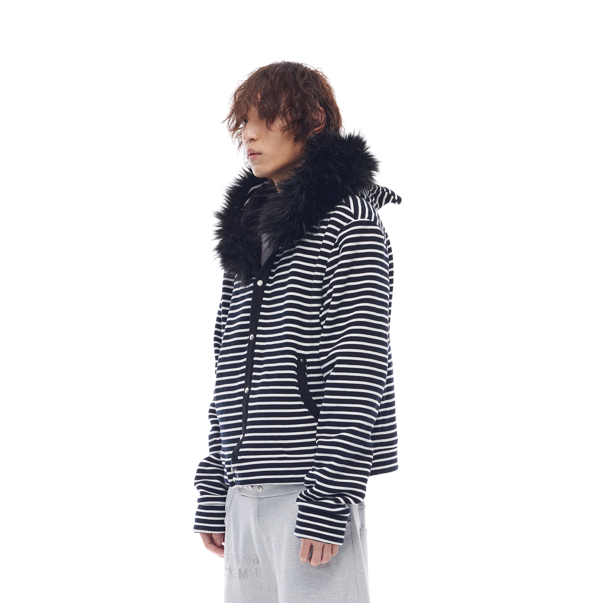 WHISTLEHUNTER Striped Detachable-Fur Hooded Jacket
