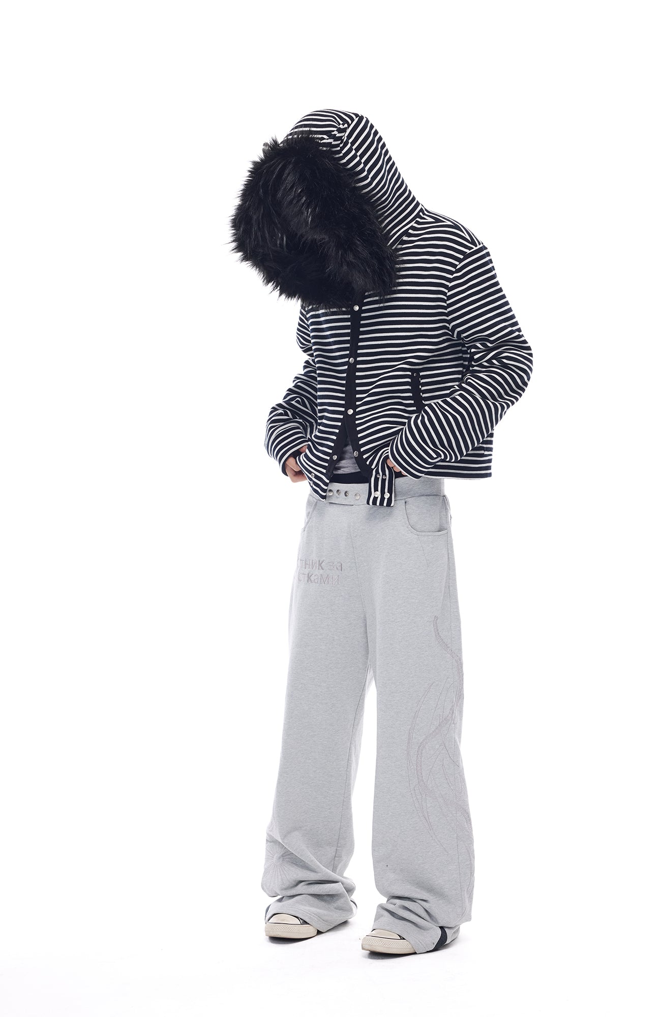 WHISTLEHUNTER Striped Detachable-Fur Hooded Jacket