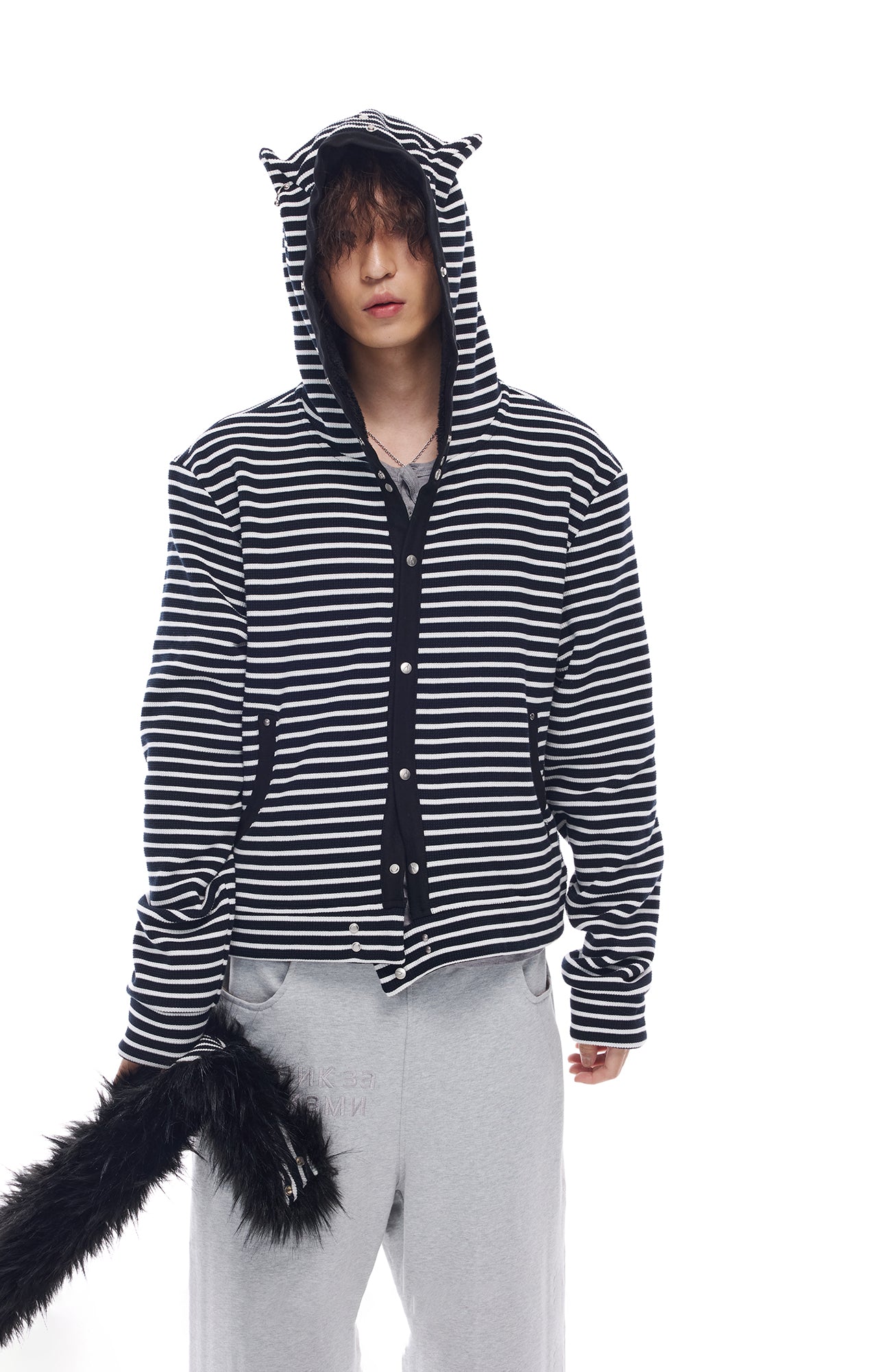 WHISTLEHUNTER Striped Detachable-Fur Hooded Jacket