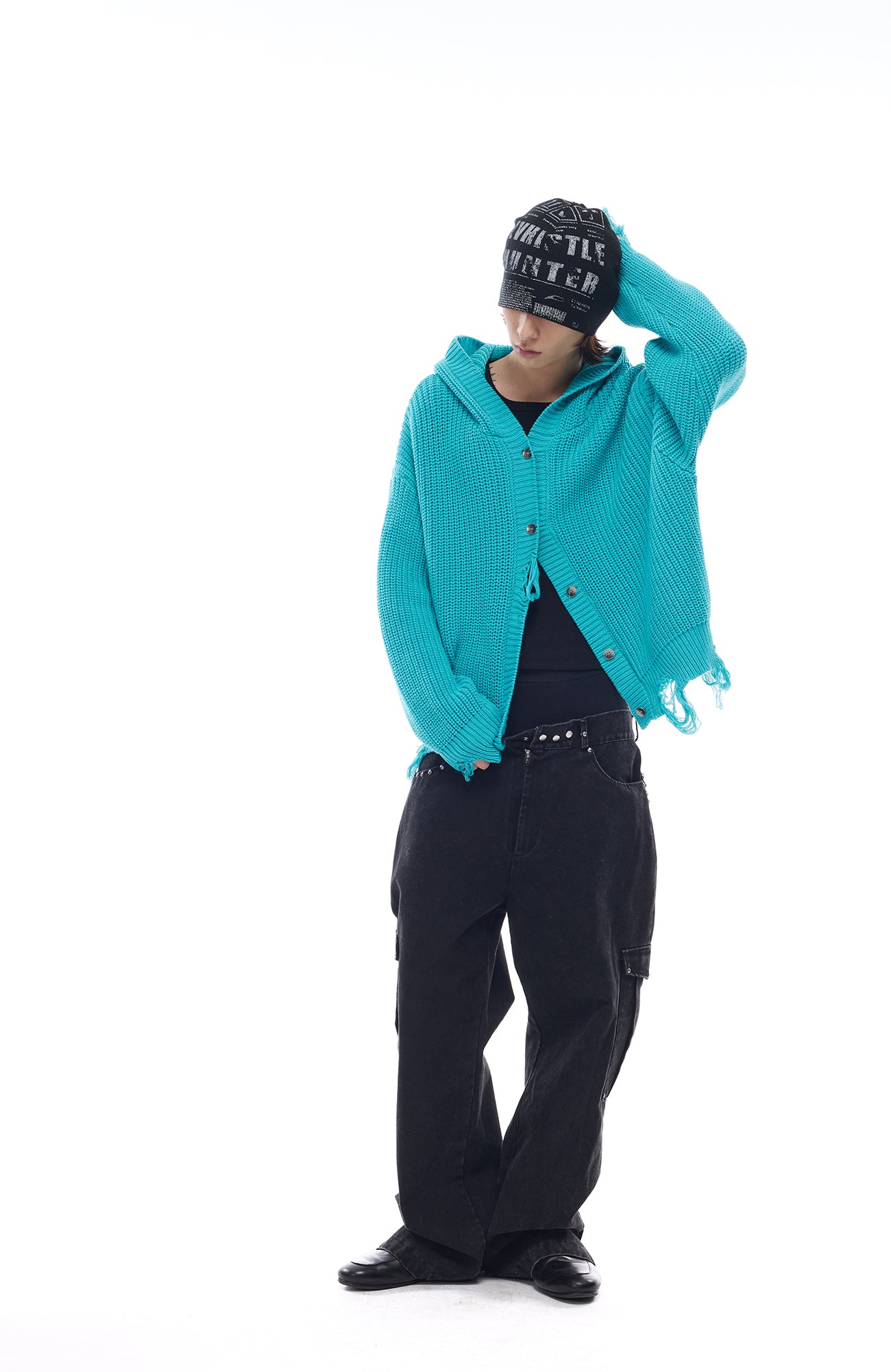 WHISTLEHUNTER Distressed Knit Hooded Cardigan