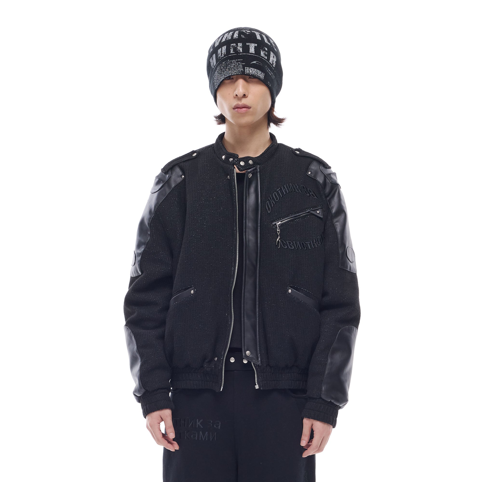 WHISTLEHUNTER Faux Leather-Panel Utility Bomber Jacket