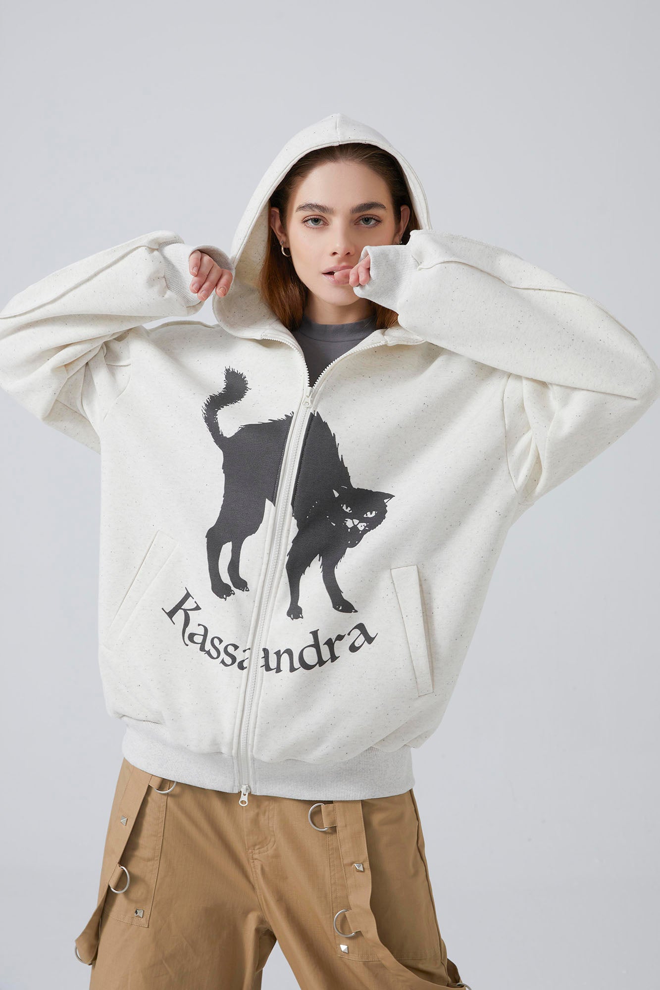 ERROR CODE ROBOT Black Cat Graphic Oversized Zip-Up Hoodie, premium urban and streetwear designers apparel on PROJECTISR.com, ERROR CODE ROBOT