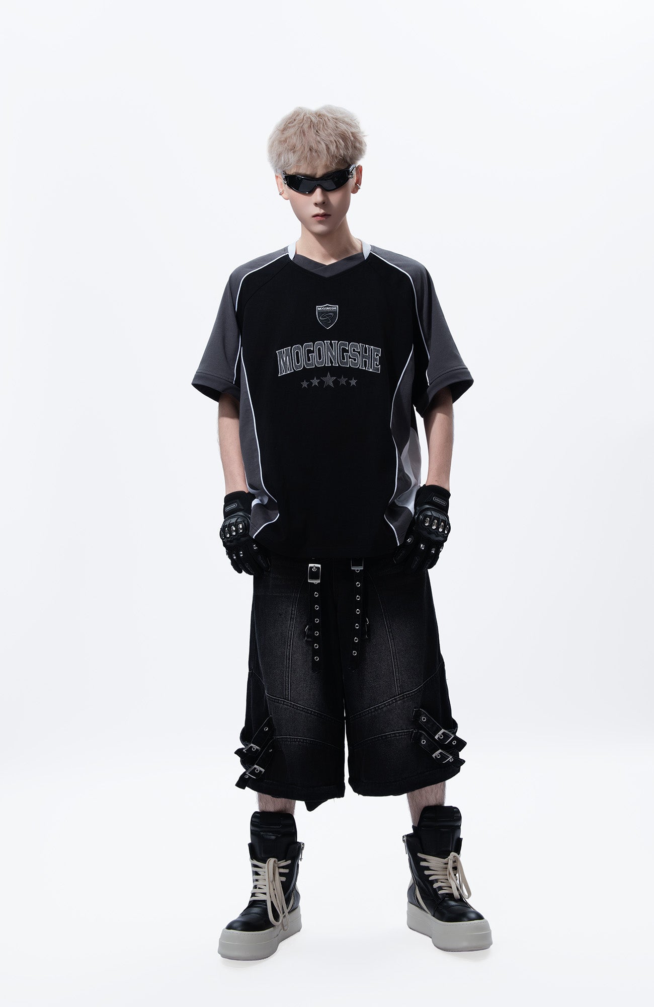 MOGONGSHE Detachable Drape-Strap Washed Jeans