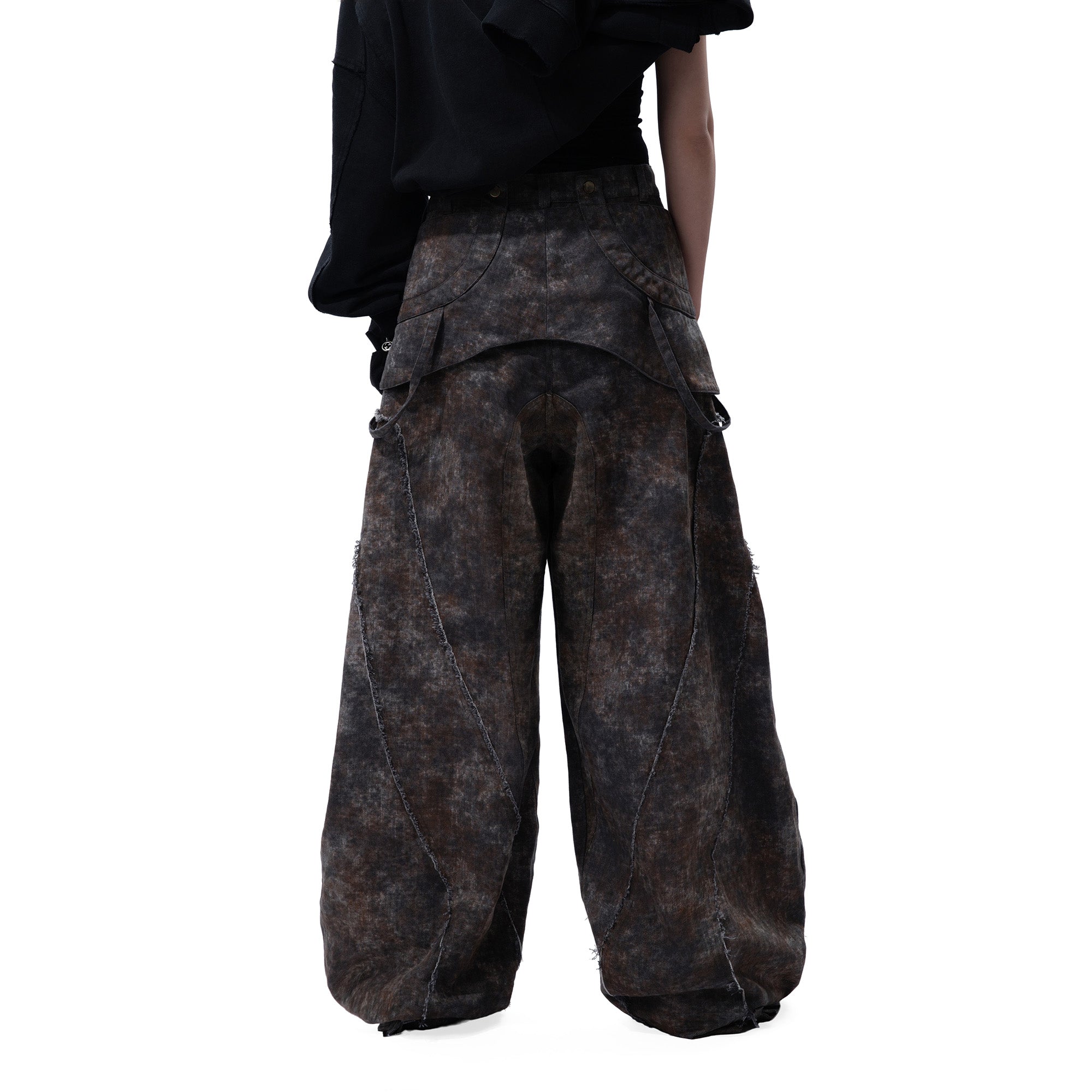 MOGONGSHE Distressed Detachable Drape Curved Panel Jeans