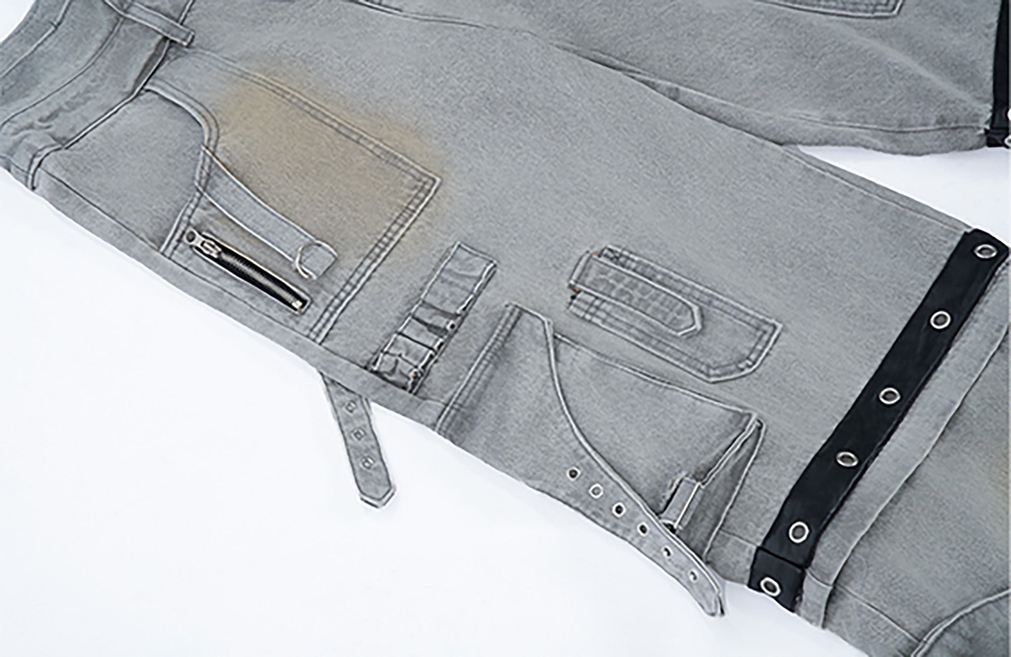 MOGONGSHE Detachable Bleach Washed Utility Cargo Jeans