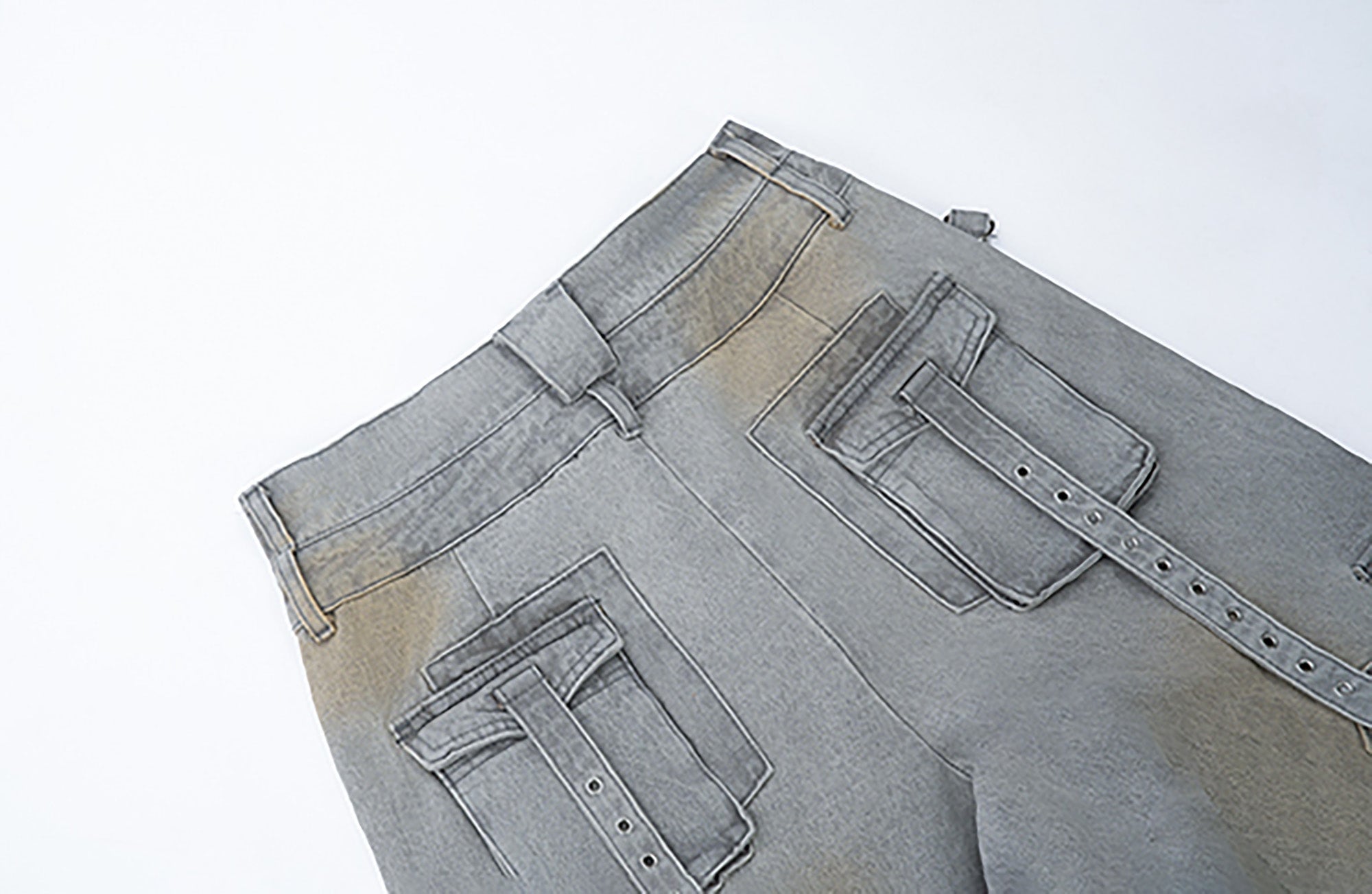 MOGONGSHE Detachable Bleach Washed Utility Cargo Jeans