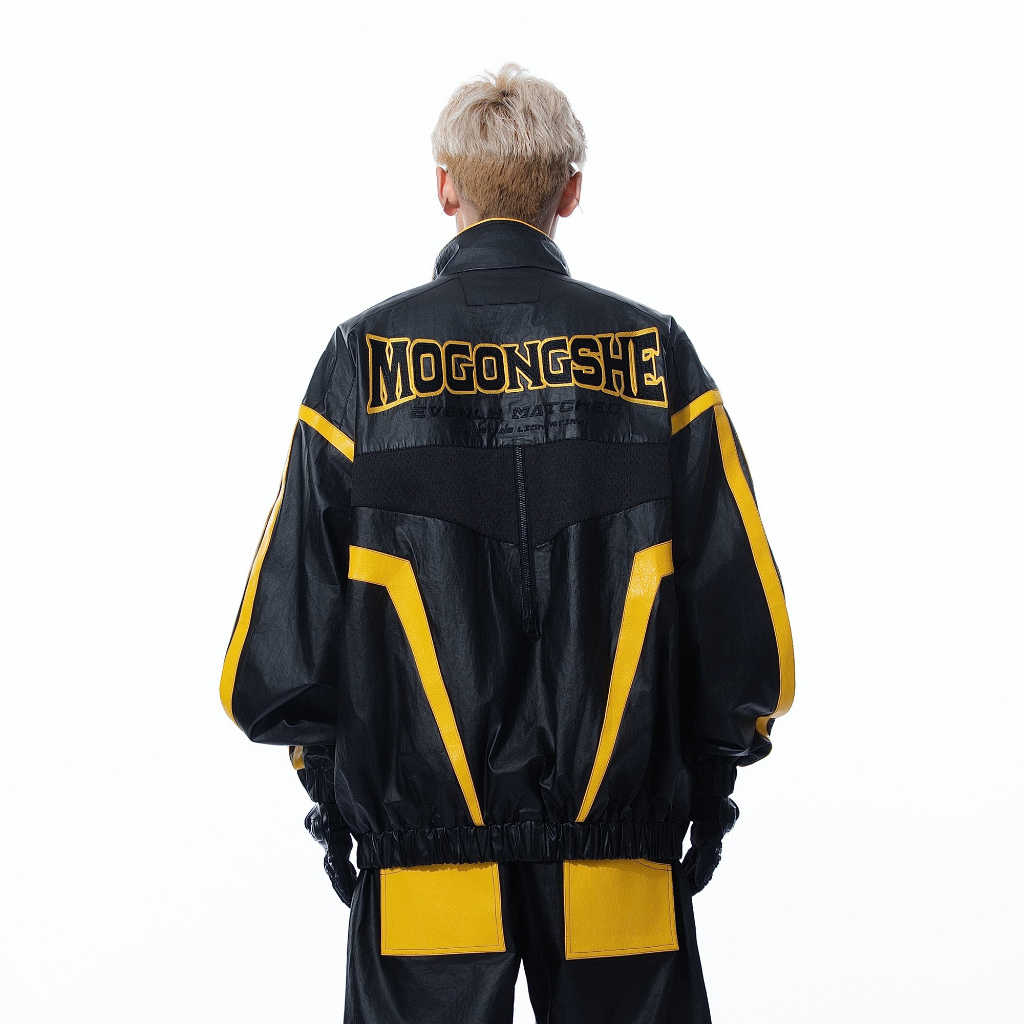 MOGONGSHE Contrast Stripe PU Moto Jacket