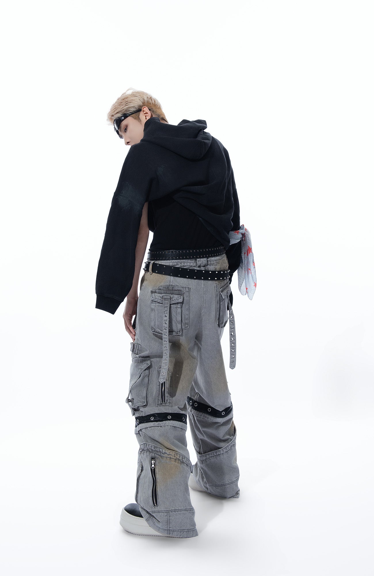 MOGONGSHE Detachable Bleach Washed Utility Cargo Jeans