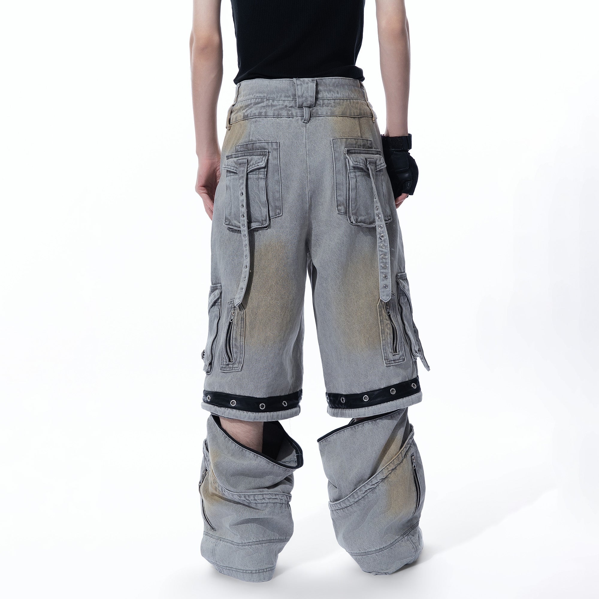 MOGONGSHE Detachable Bleach Washed Utility Cargo Jeans