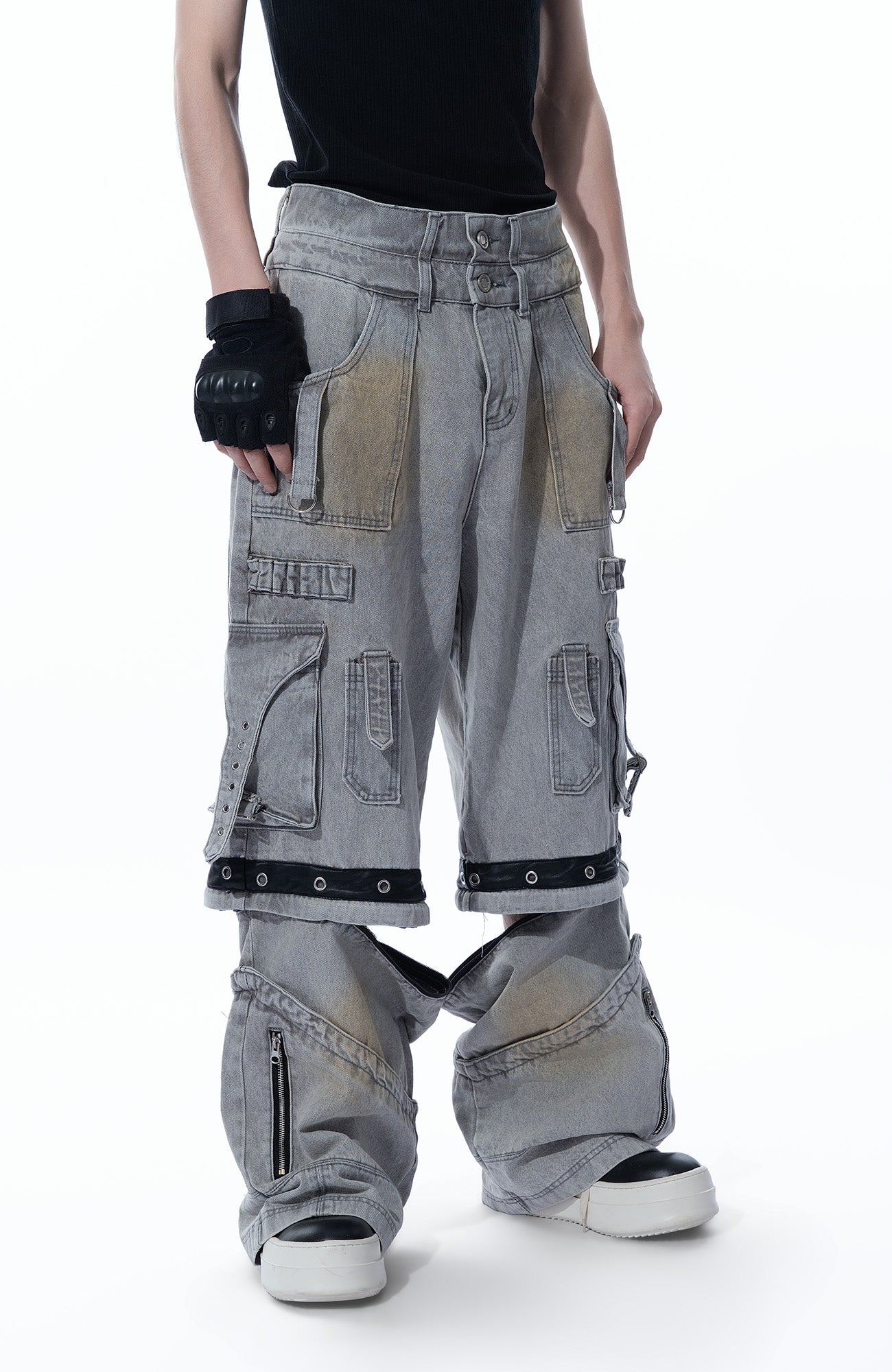 MOGONGSHE Detachable Bleach Washed Utility Cargo Jeans