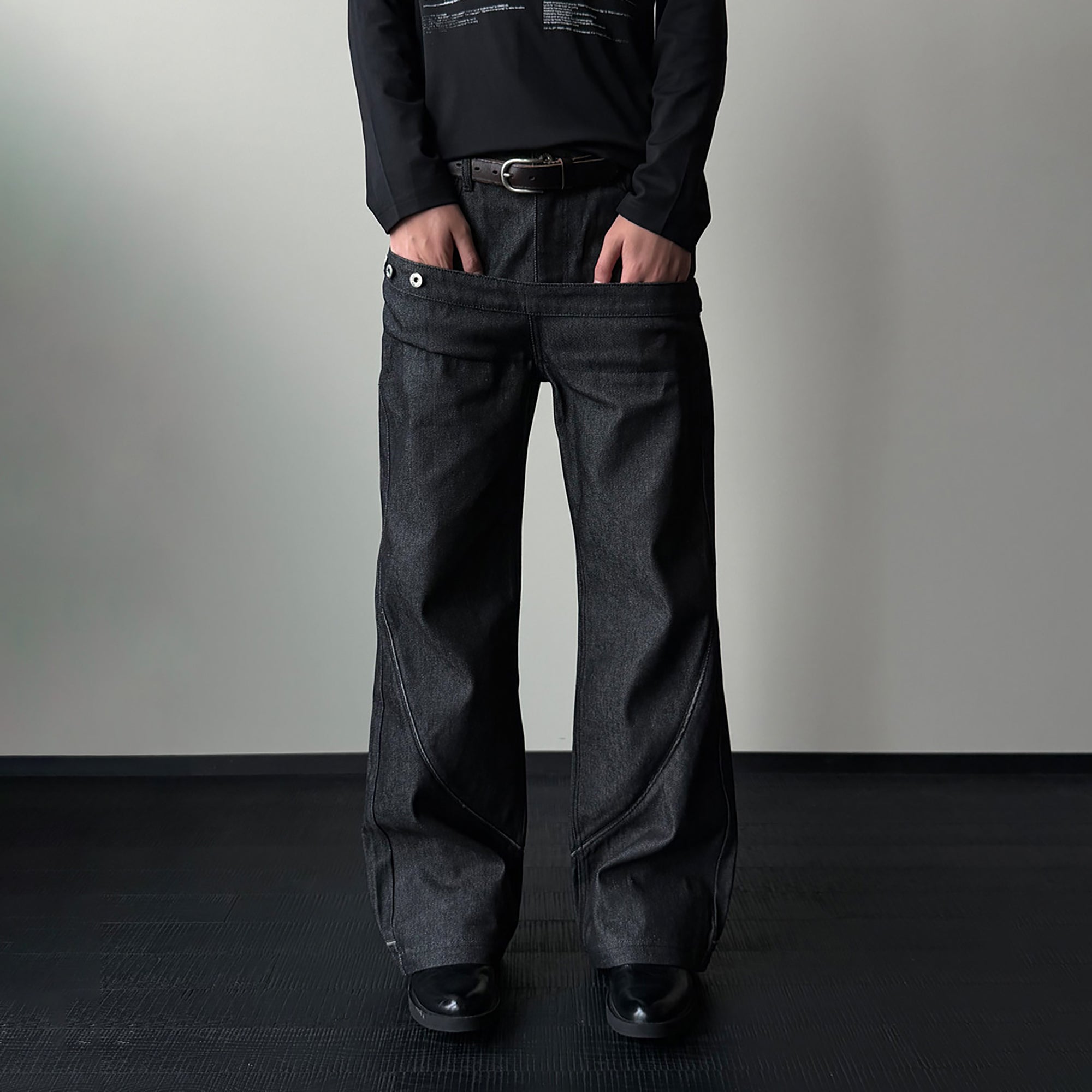 KREATE Double-Waistband Raw Denim Straight-Leg Jeans