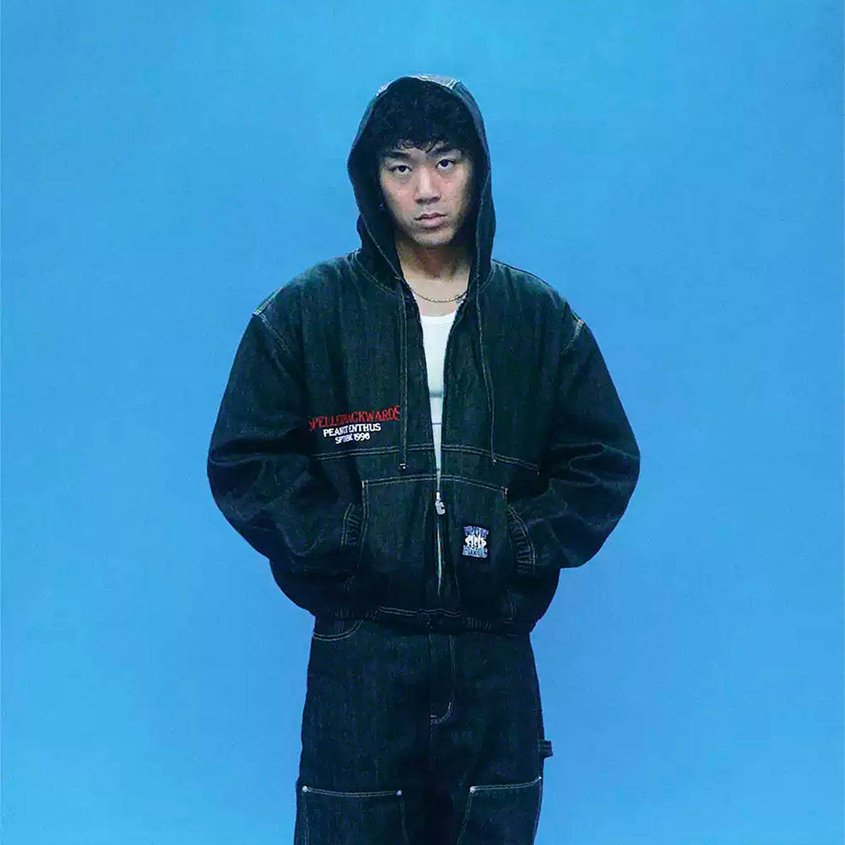 EVETS Raw Denim Embroidered Utility Zip Hoodie