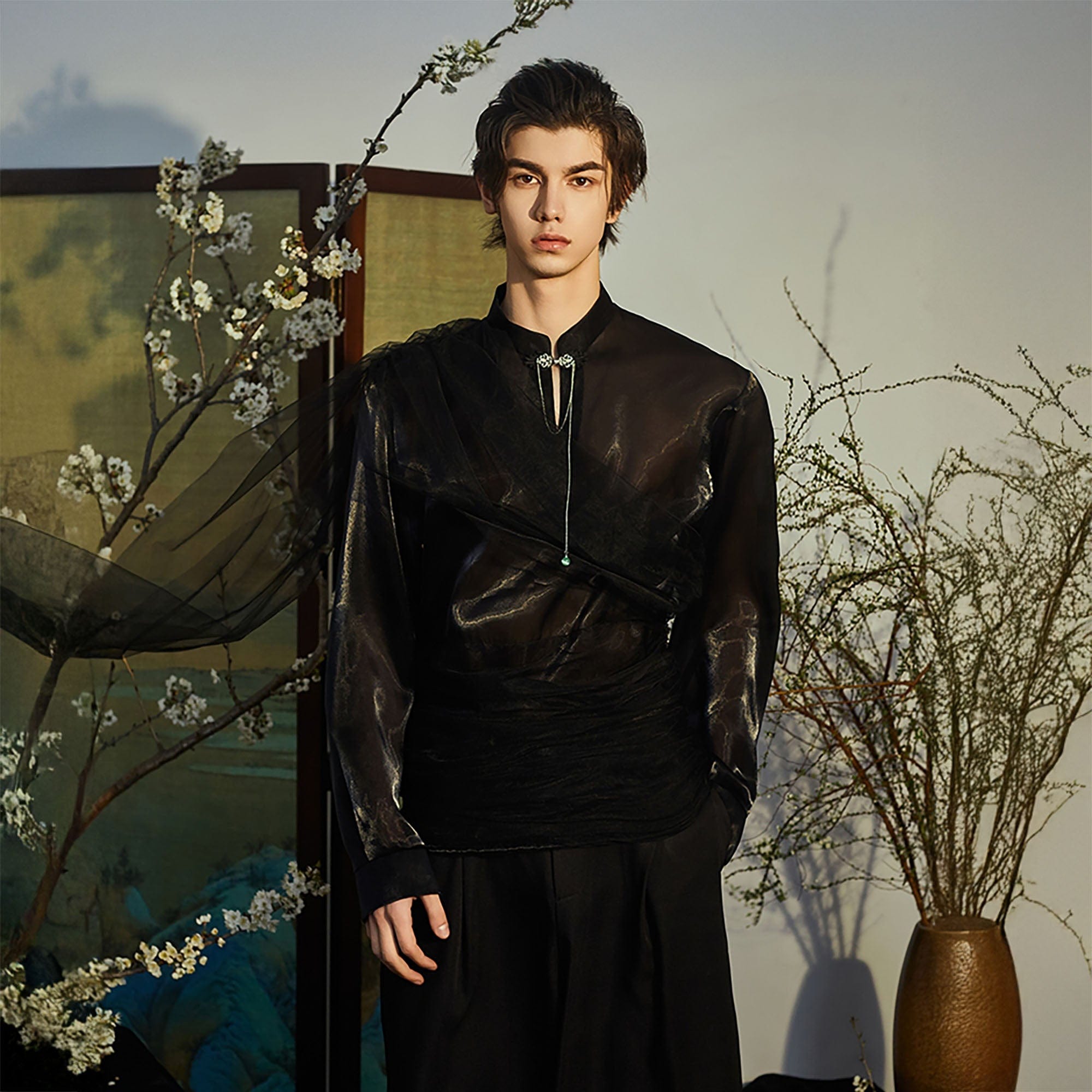 JIECHI Draped Sheer Brooch Organza Shirt, premium urban and streetwear designers apparel on PROJECTISR.com, JIECHI