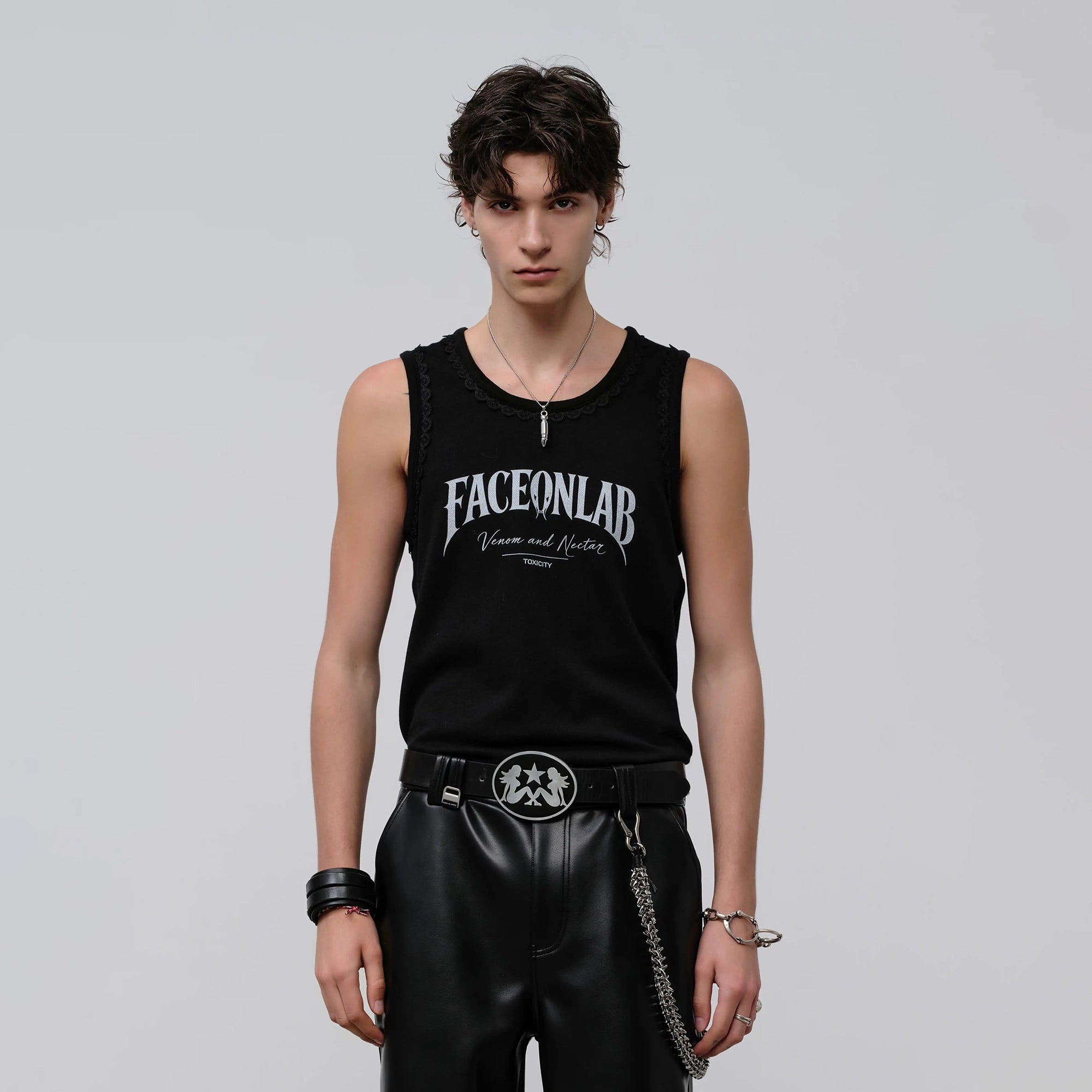 FACEONLAB Lace Trim Gothic Letters Sleeveless Tank