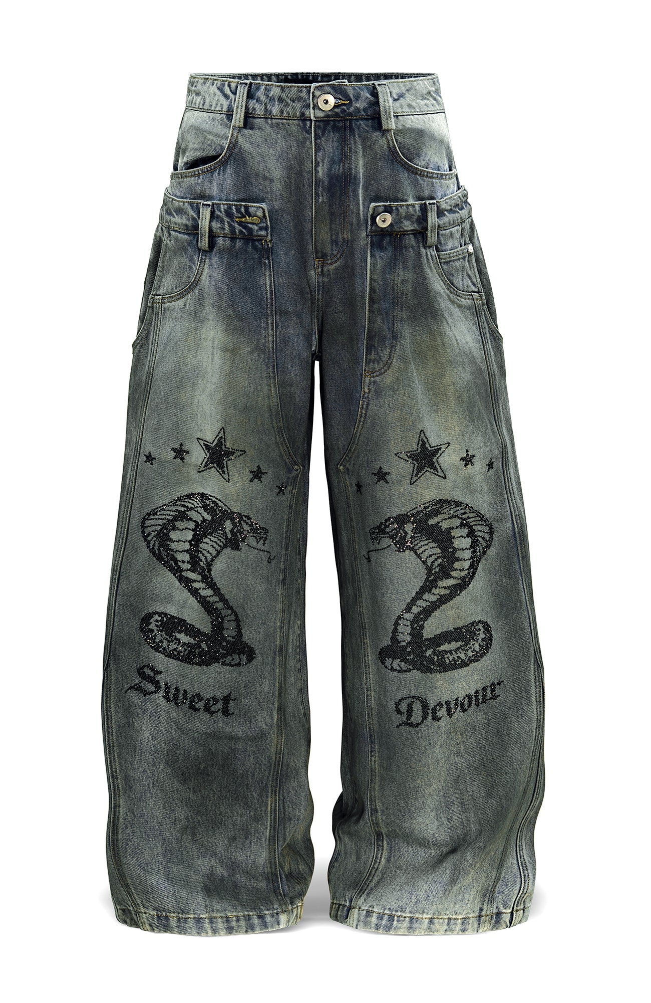 FACEONLAB Double Waistband Diamond Snake Graphic Jeans