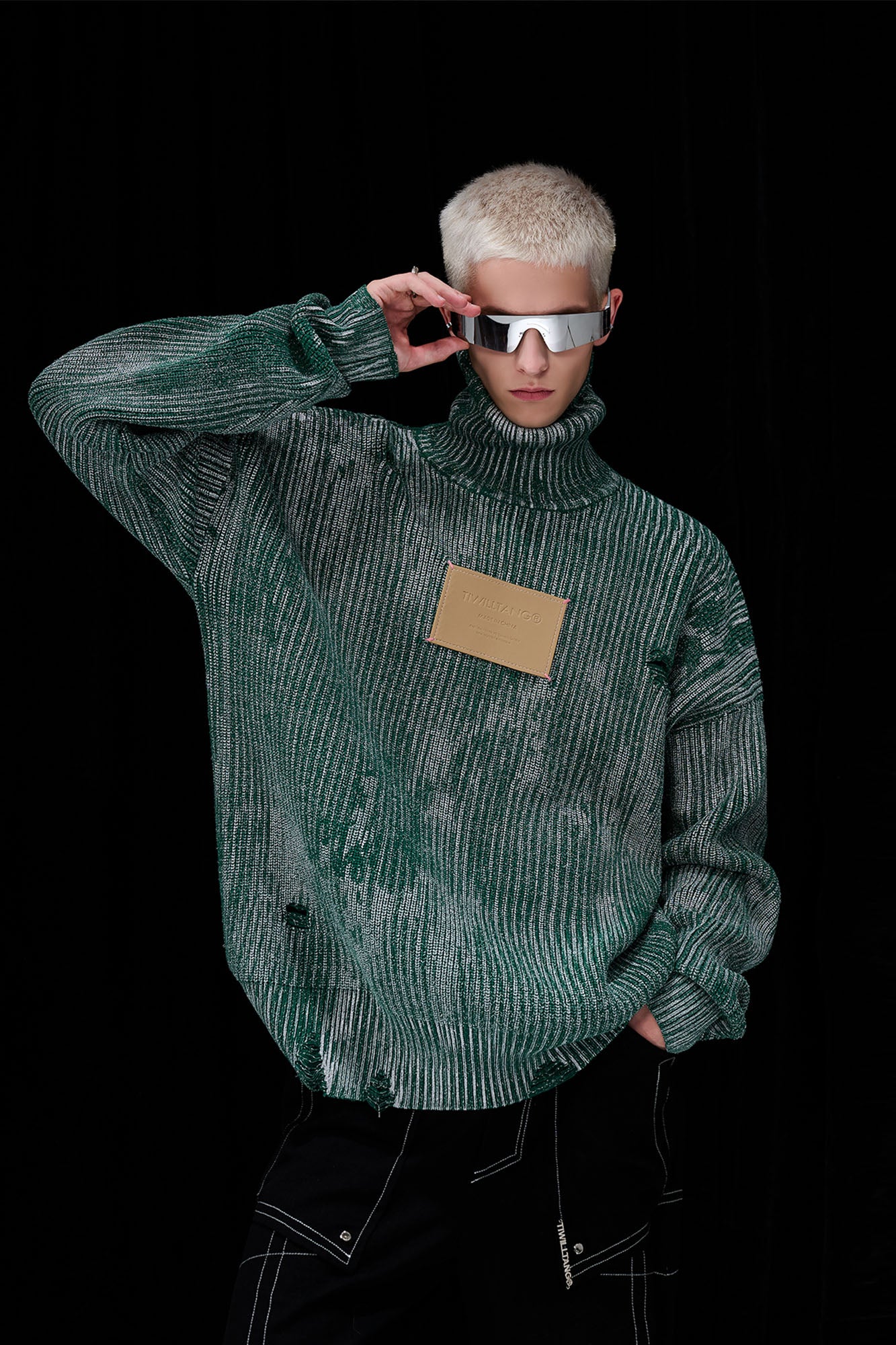 TIWILLTANG Distressed Foil High-Neck Sweater