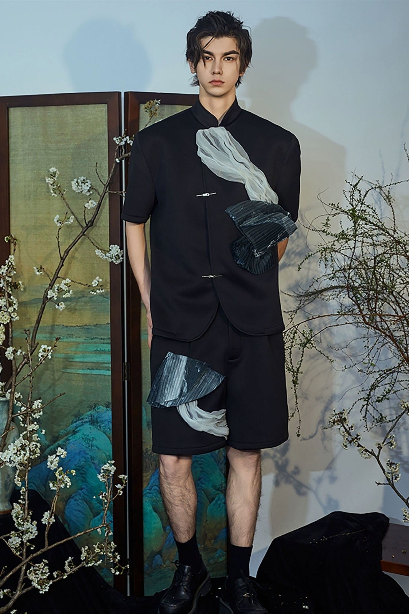 JIECHI Crinkled Tulle Layered Mandarin Collar Half Shirt, premium urban and streetwear designers apparel on PROJECTISR.com, JIECHI