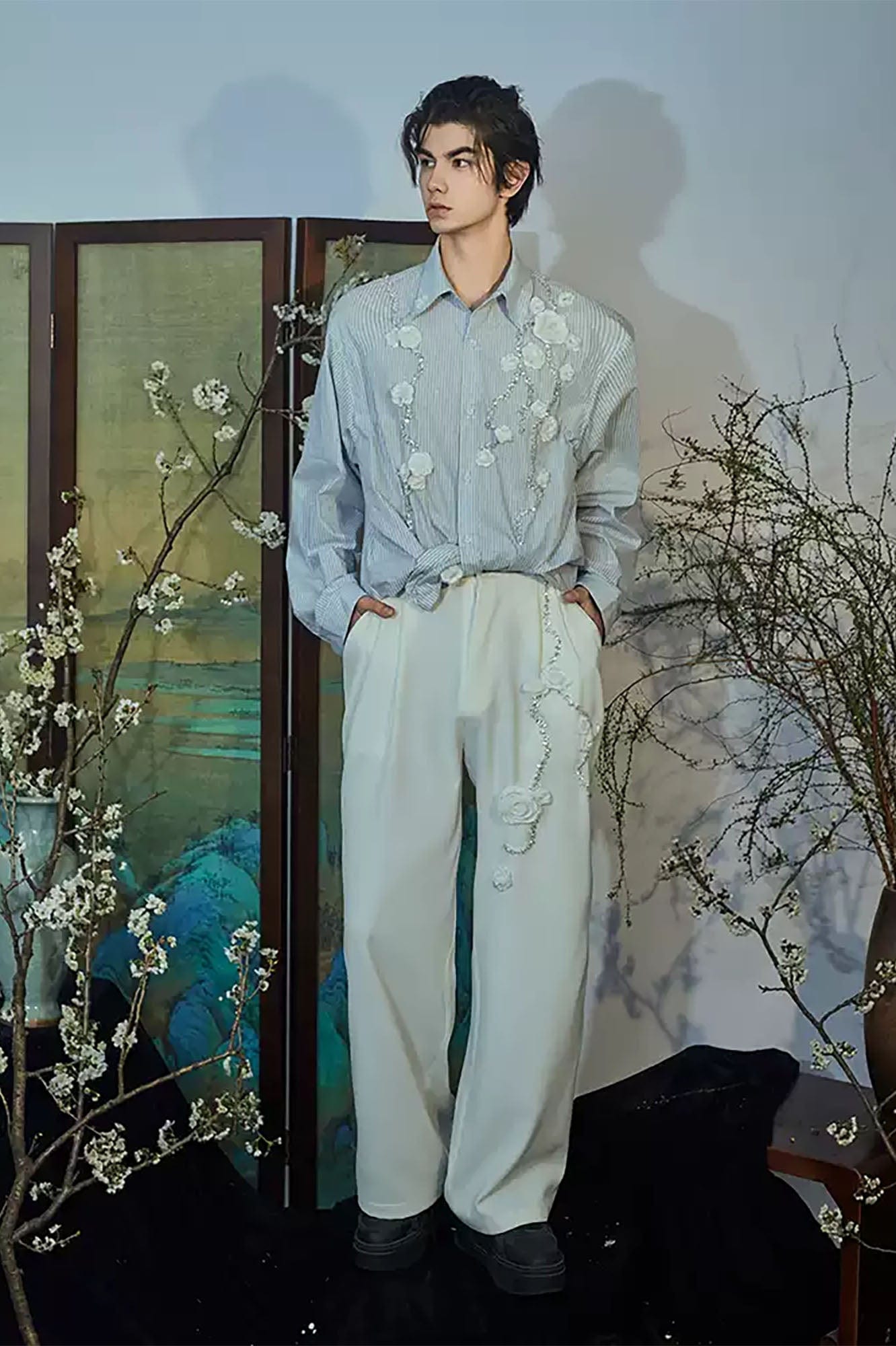 JIECHI Vine Rose Embroidered Striped Shirt, premium urban and streetwear designers apparel on PROJECTISR.com, JIECHI