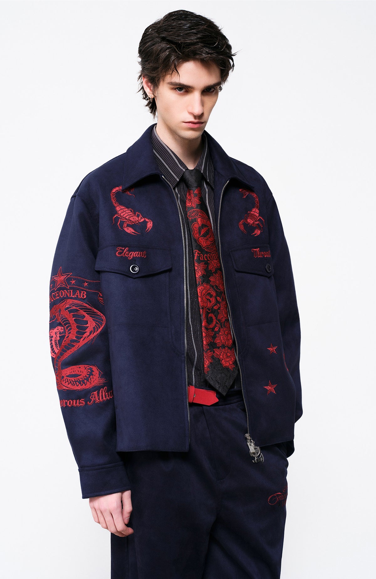 FACEONLAB Embroidered Faux Leather Jacket