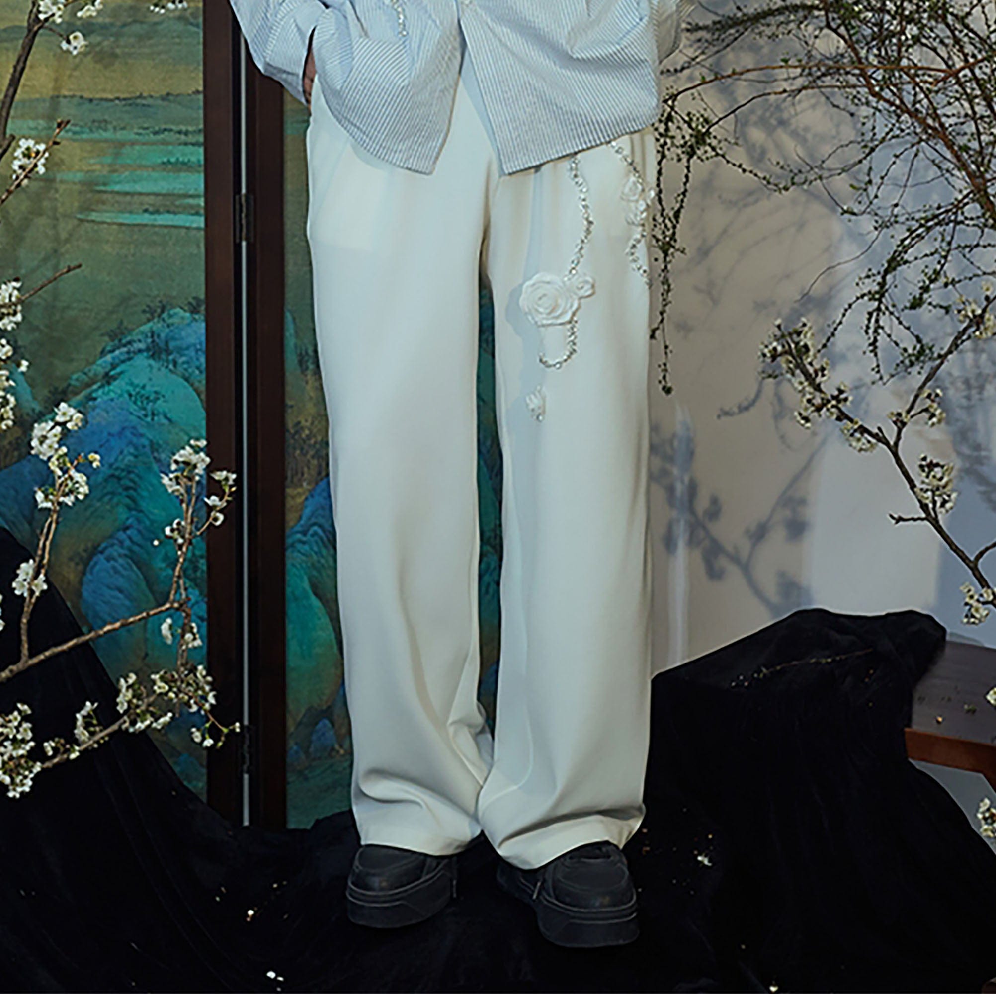 JIECHI Vine Rose Embroidered Trousers, premium urban and streetwear designers apparel on PROJECTISR.com, JIECHI