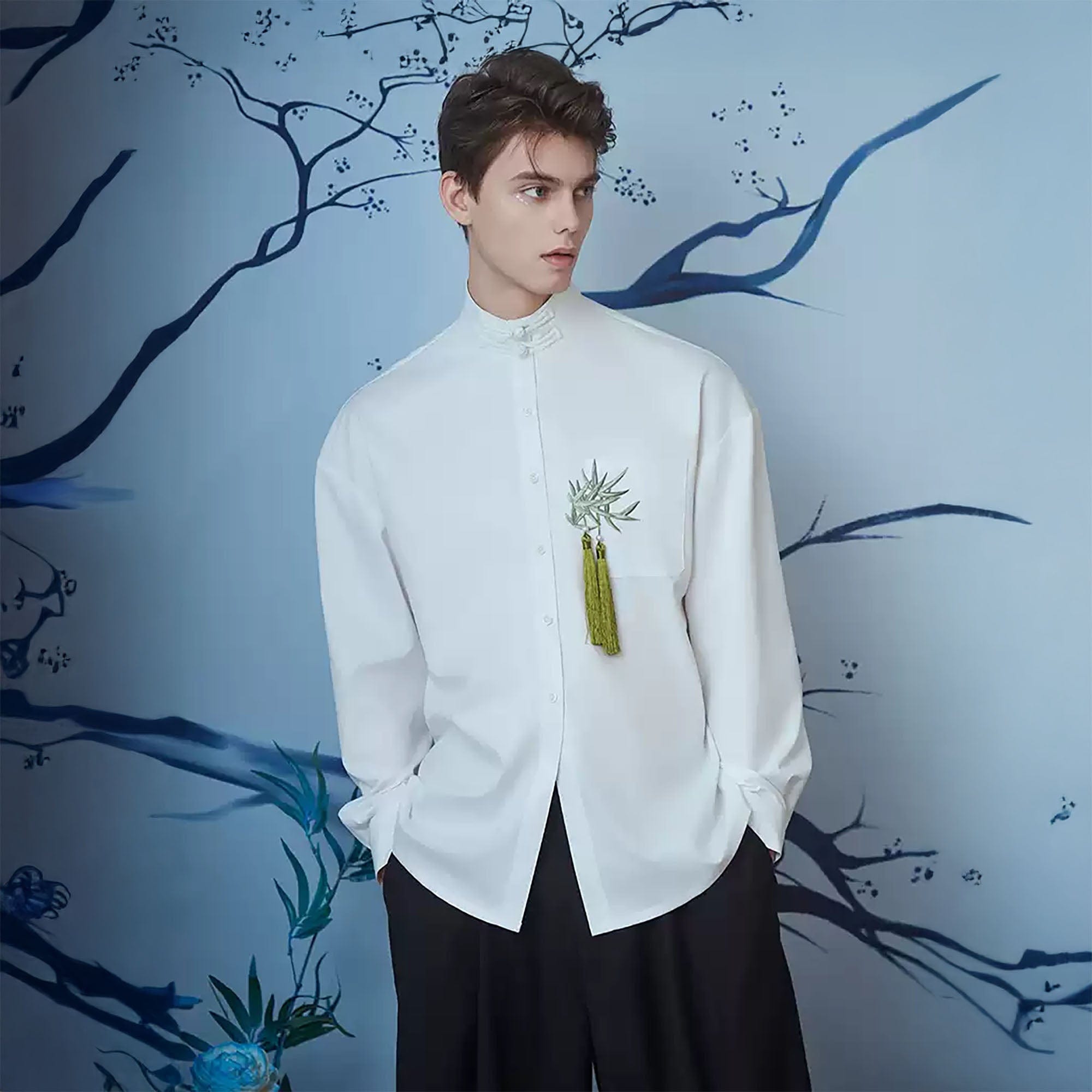 JIECHI Bamboo Tassel Embroidered Mandarin Shirt, premium urban and streetwear designers apparel on PROJECTISR.com, JIECHI