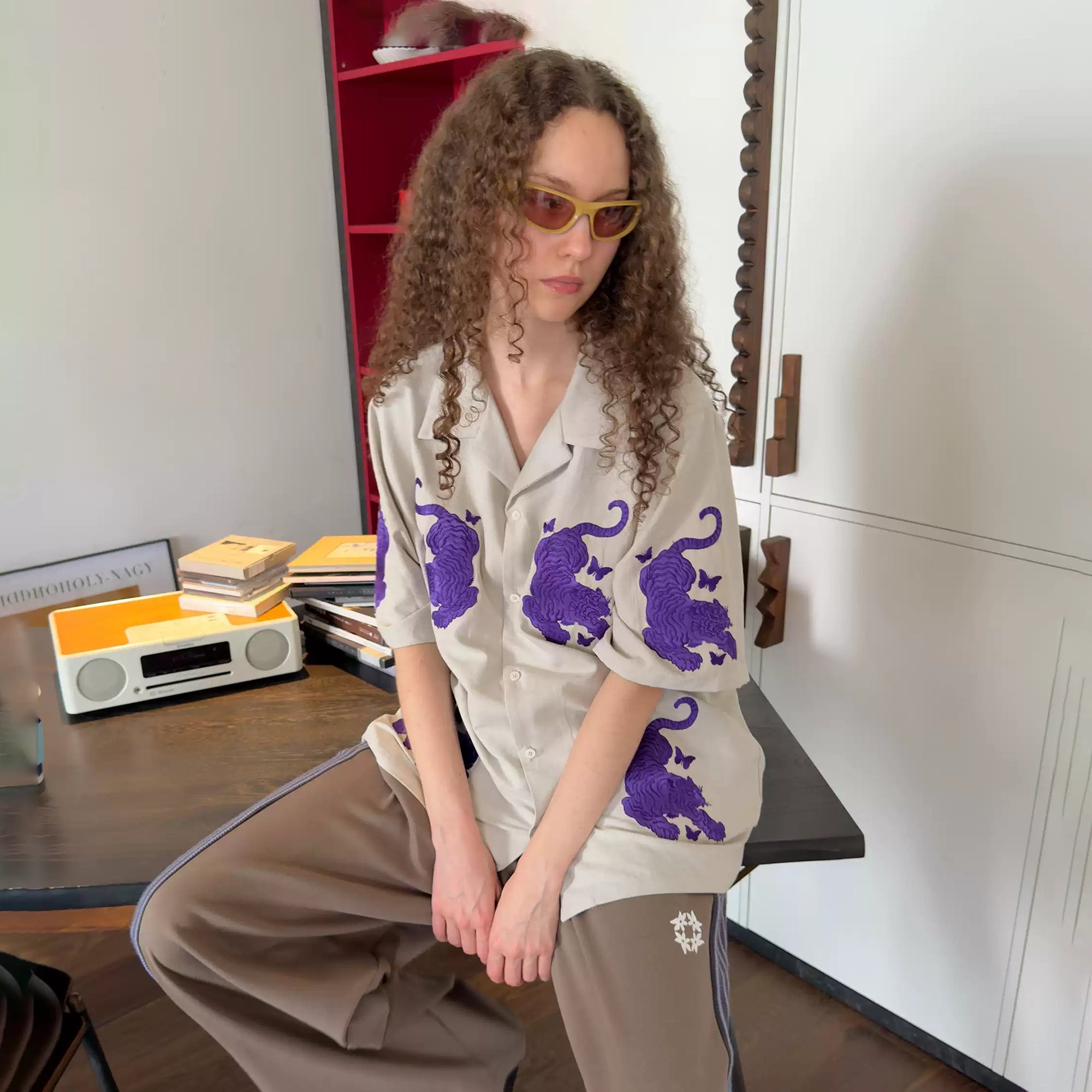 MIICHOUS Tiger Butterfly Embroidered Satin Half Shirt, premium urban and streetwear designers apparel on PROJECTISR.com, MIICHOUS