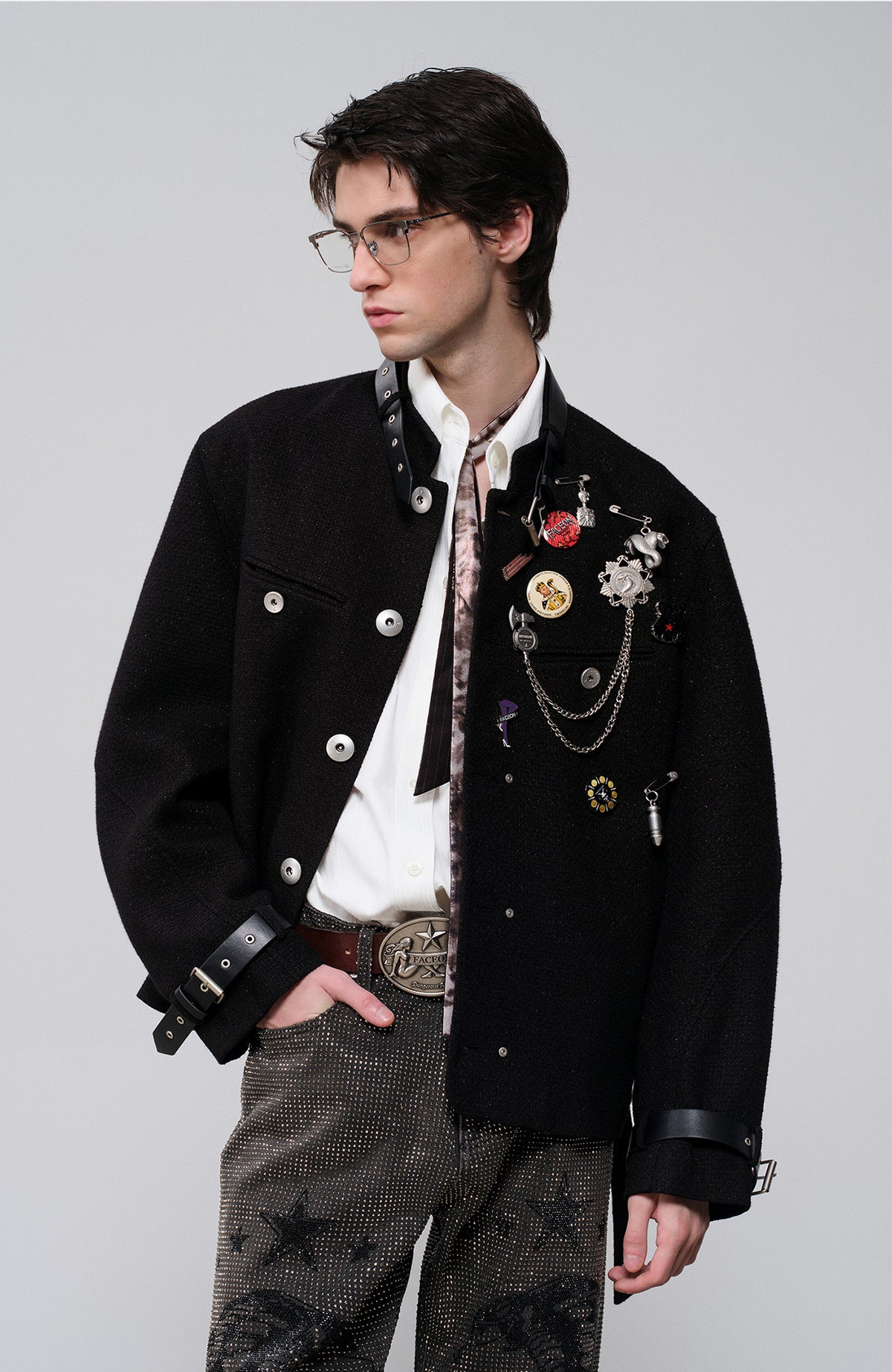 FACEONLAB Leather-Collar Medal Embellished Jacket
