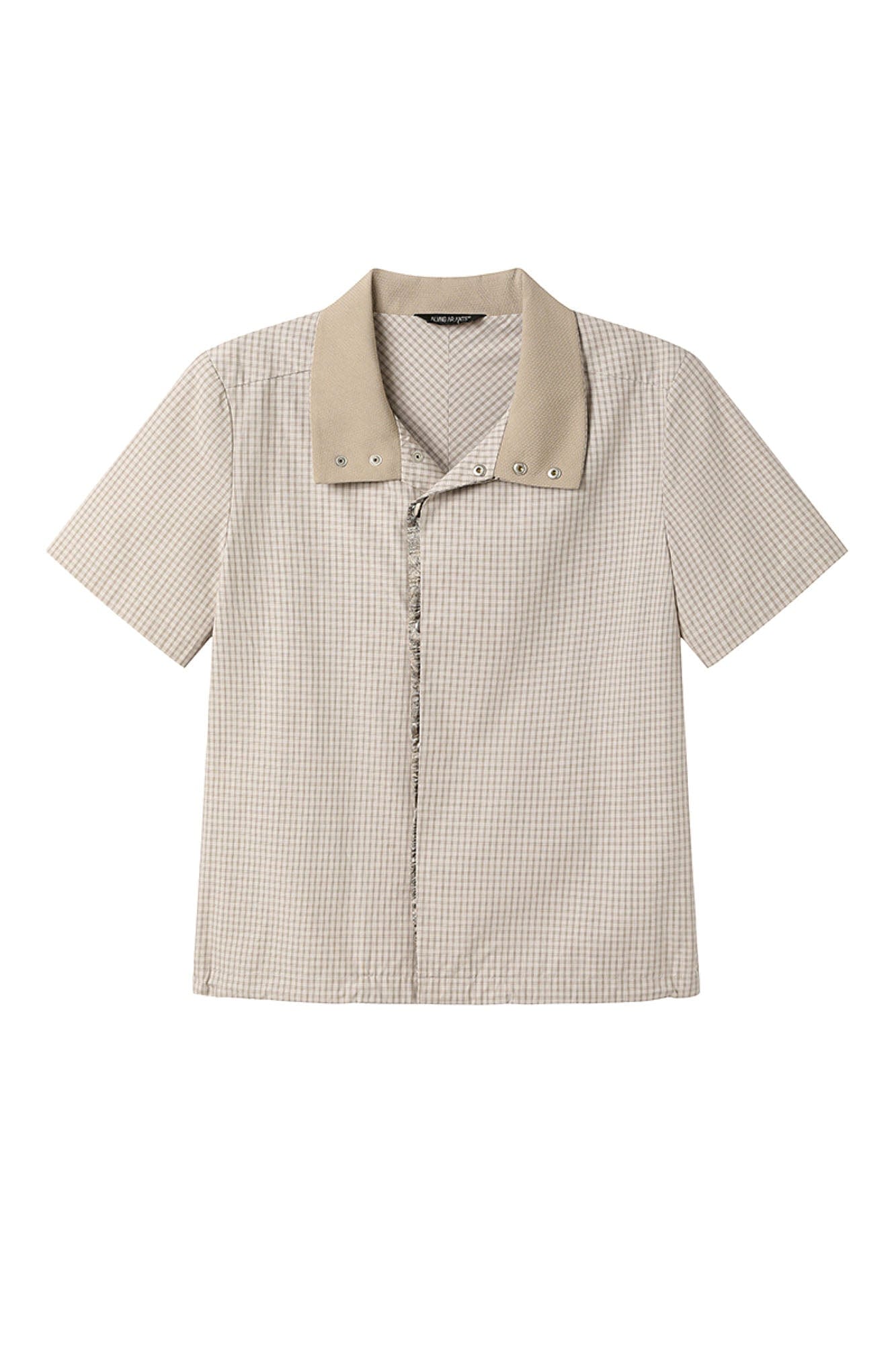 ALVNG AR ANTS Asymmetrical Snap Placket Mini Check Half Shirt, premium urban and streetwear designers apparel on PROJECTISR.com, ALVNG AR ANTS
