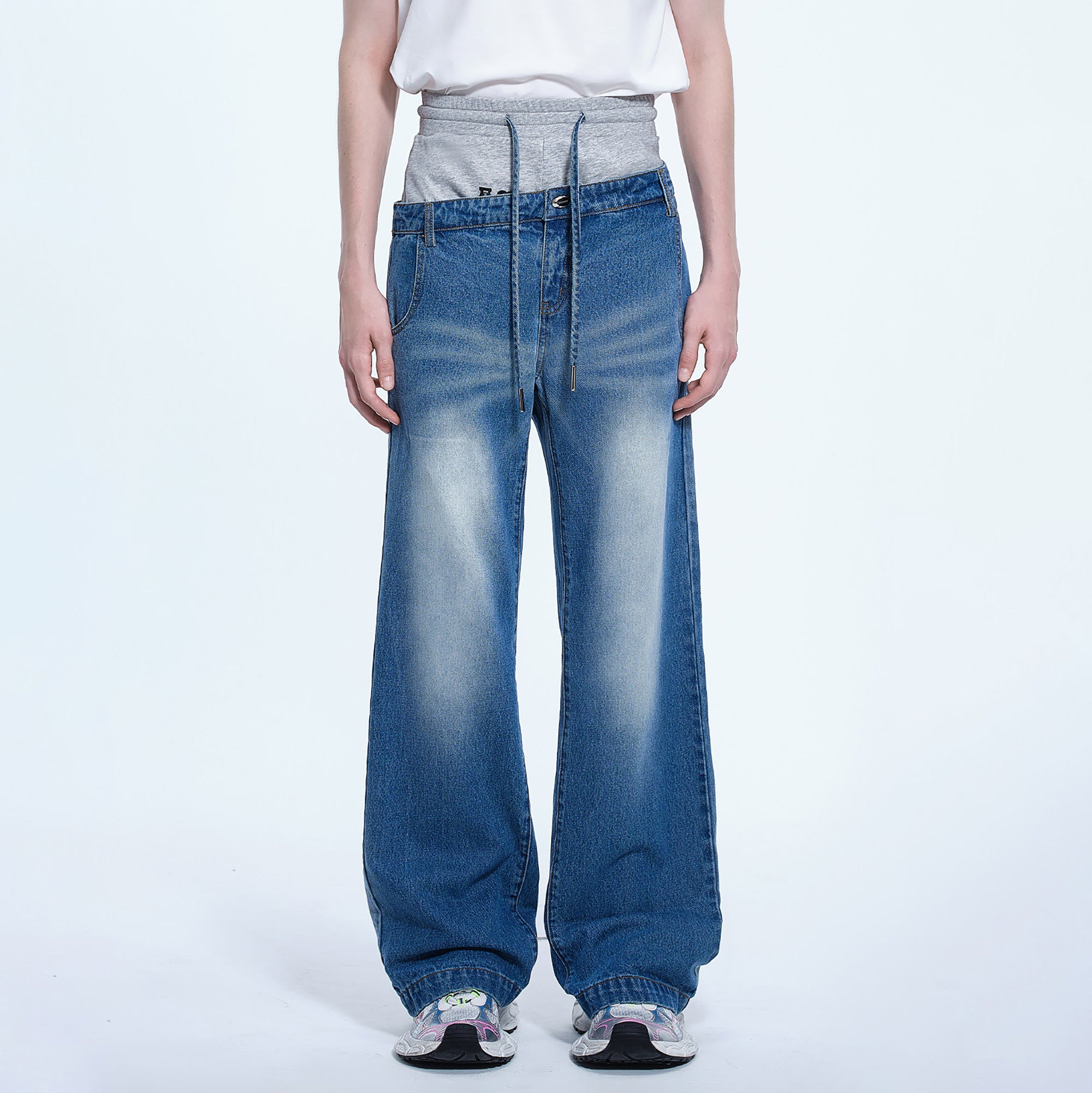 TIWILLTANG Layered Sweatband Washed Denim Pants