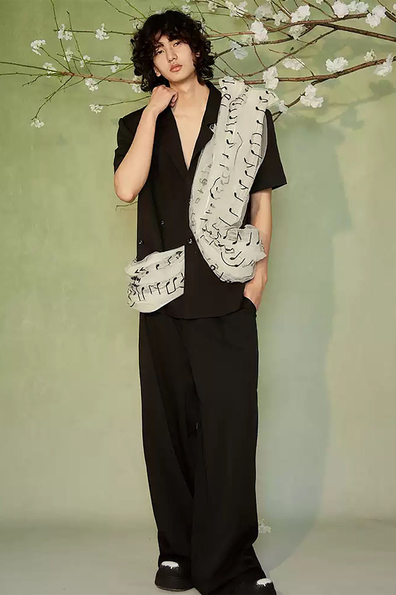 JIECHI Musical Score Layered Tulle Drape Half Shirt, premium urban and streetwear designers apparel on PROJECTISR.com, JIECHI