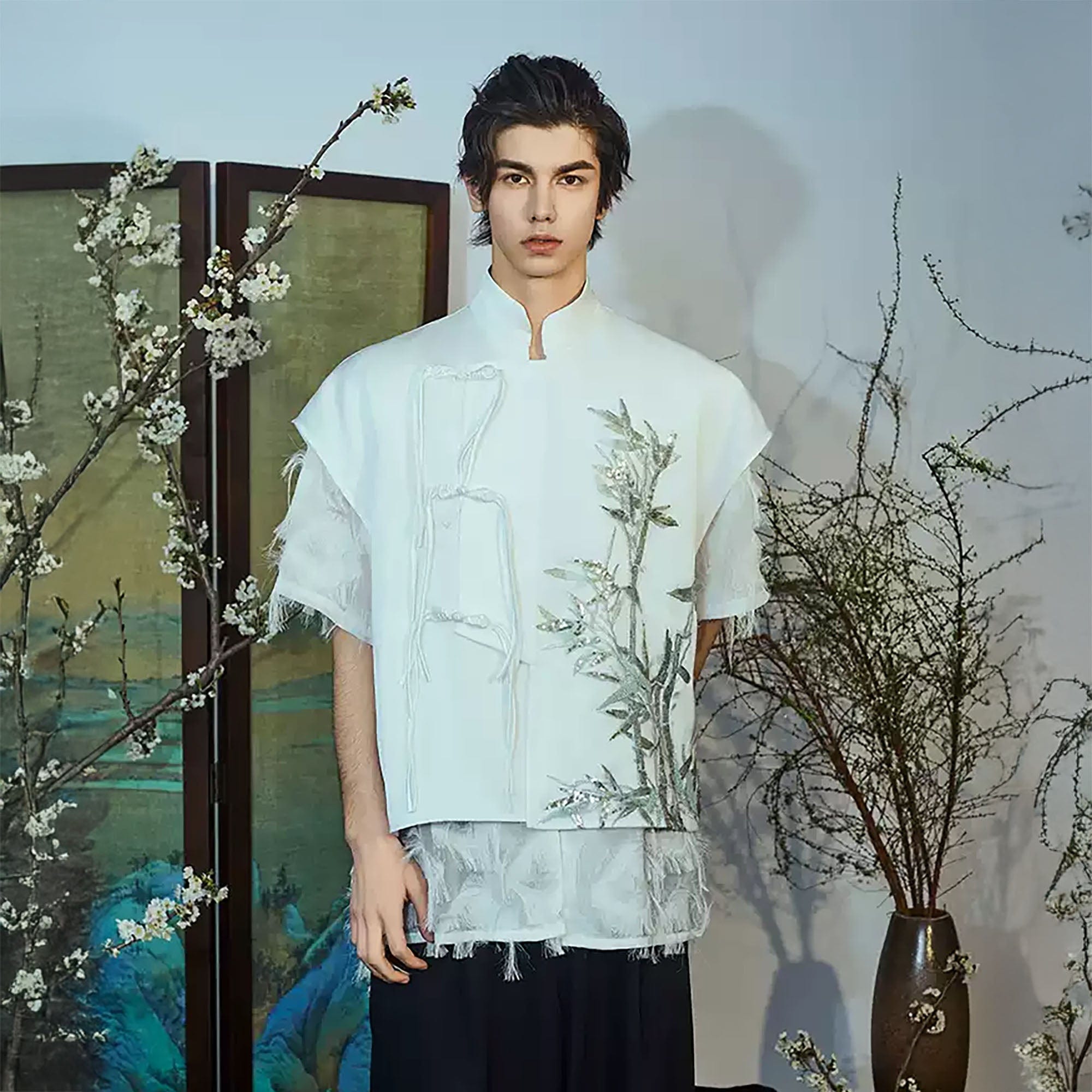 JIECHI Embroidered Bamboo Layered Mandarin Collar Half Shirt, premium urban and streetwear designers apparel on PROJECTISR.com, JIECHI