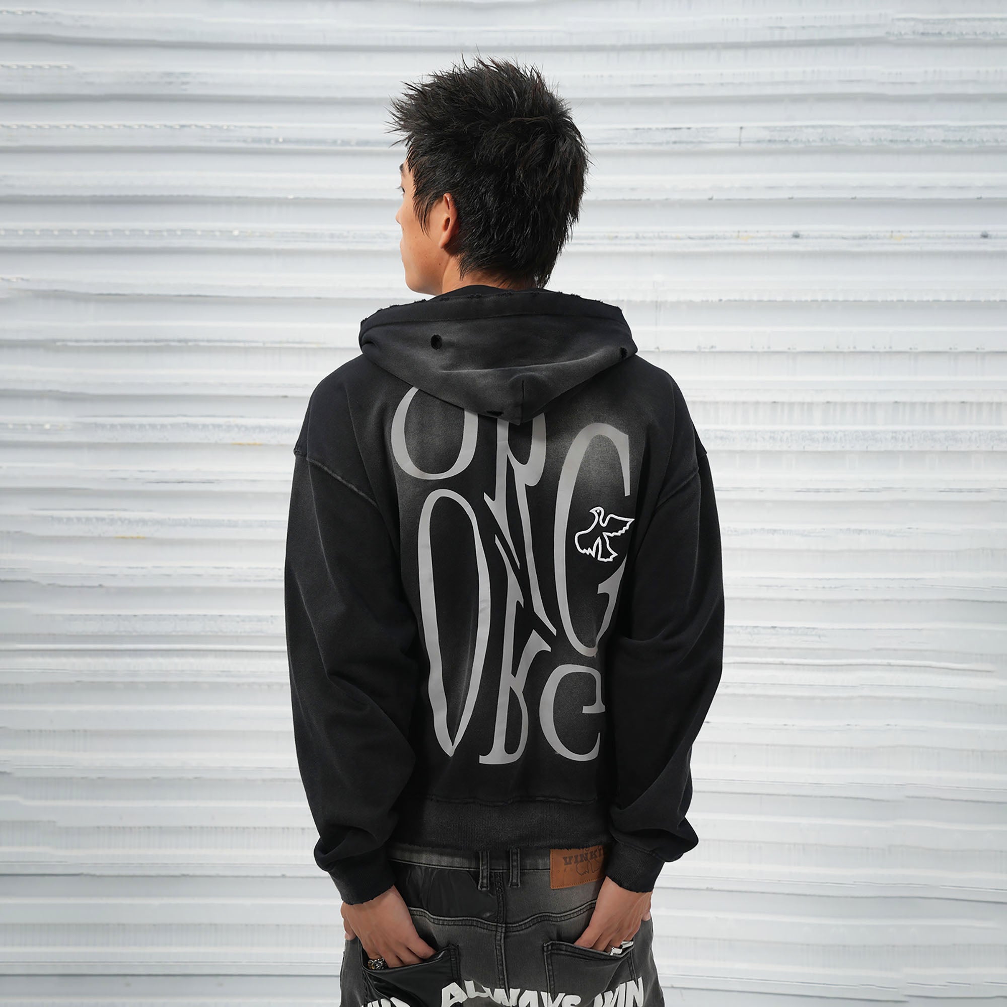 VINKID Distressed Worn Logo Zip Hooded Jacket, premium urban and streetwear designers apparel on PROJECTISR.com, VINKID