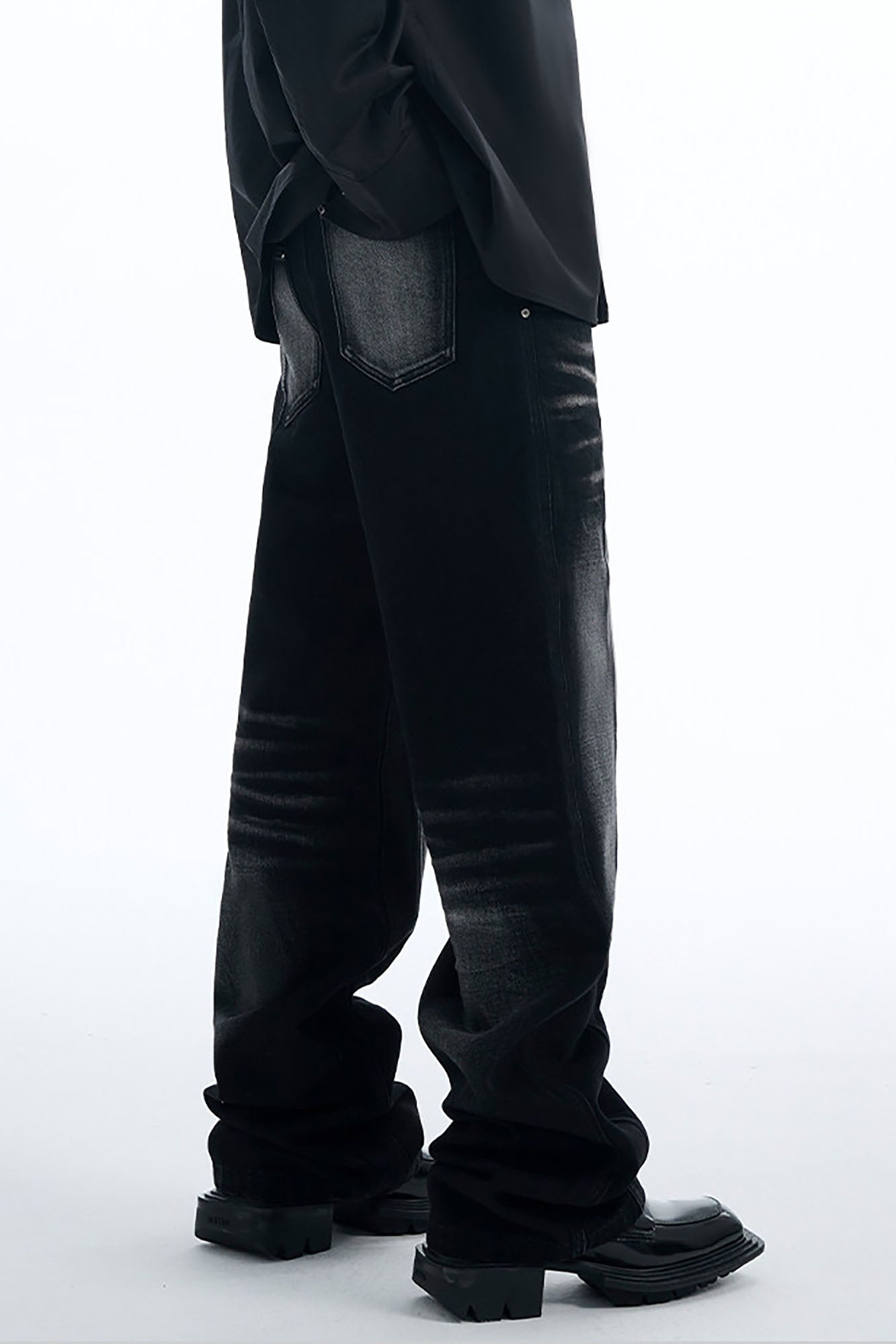 TIWILLTANG Whiskering Washed Panel Straight-Leg Jeans, premium urban and streetwear designers apparel on PROJECTISR.com, TIWILLTANG