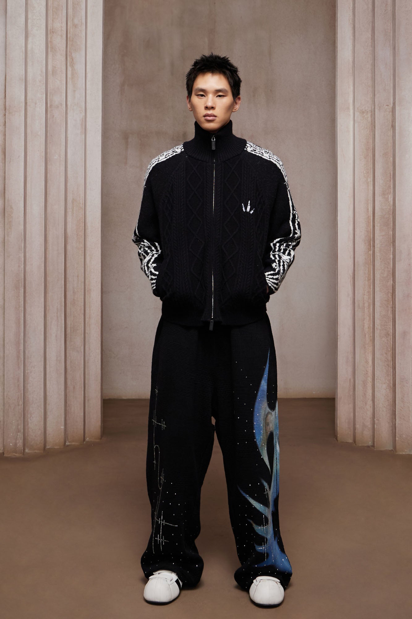 DND4DES Cable-Knit Music Stripes Zip Cardigan