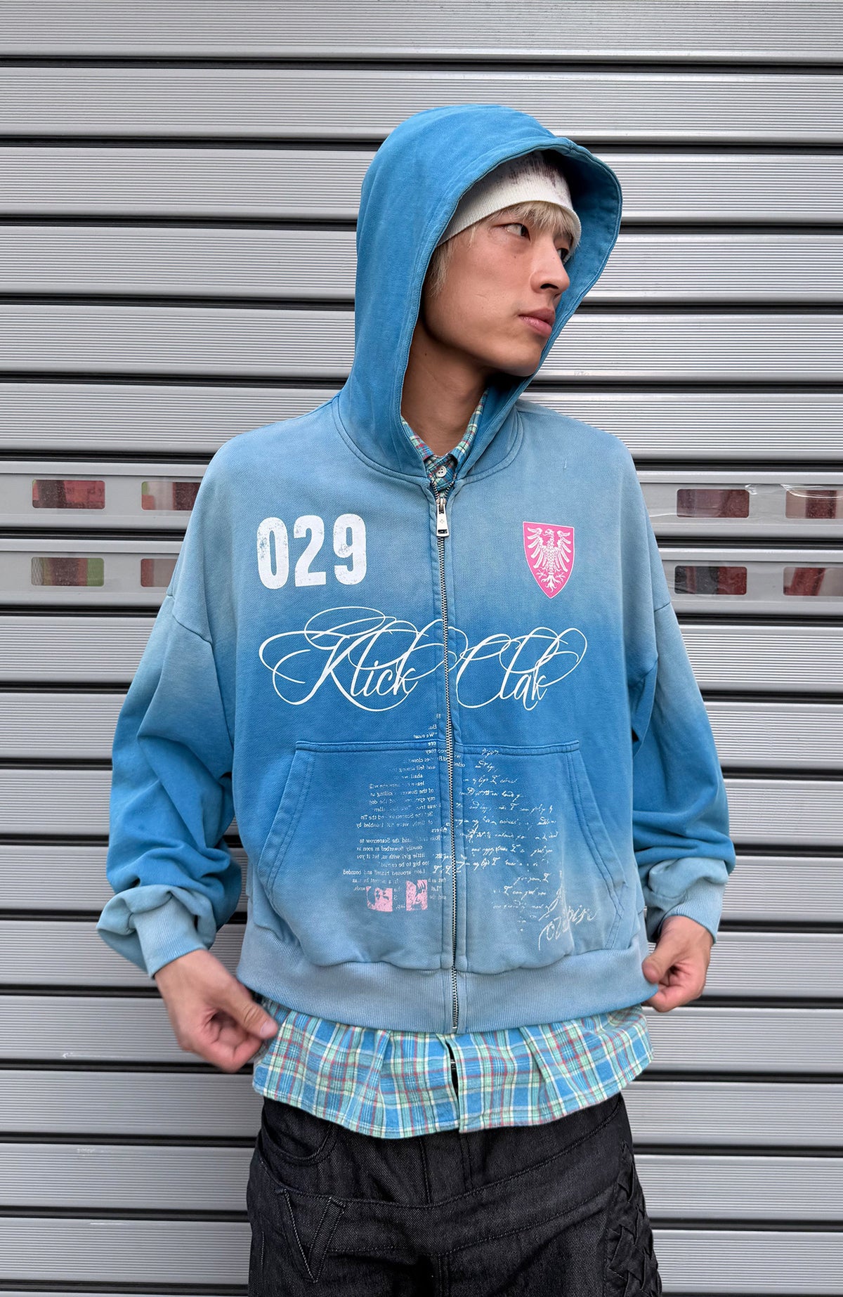 KLICK CLAK Washed Plaid-Spliced Zip-Up Hoodie