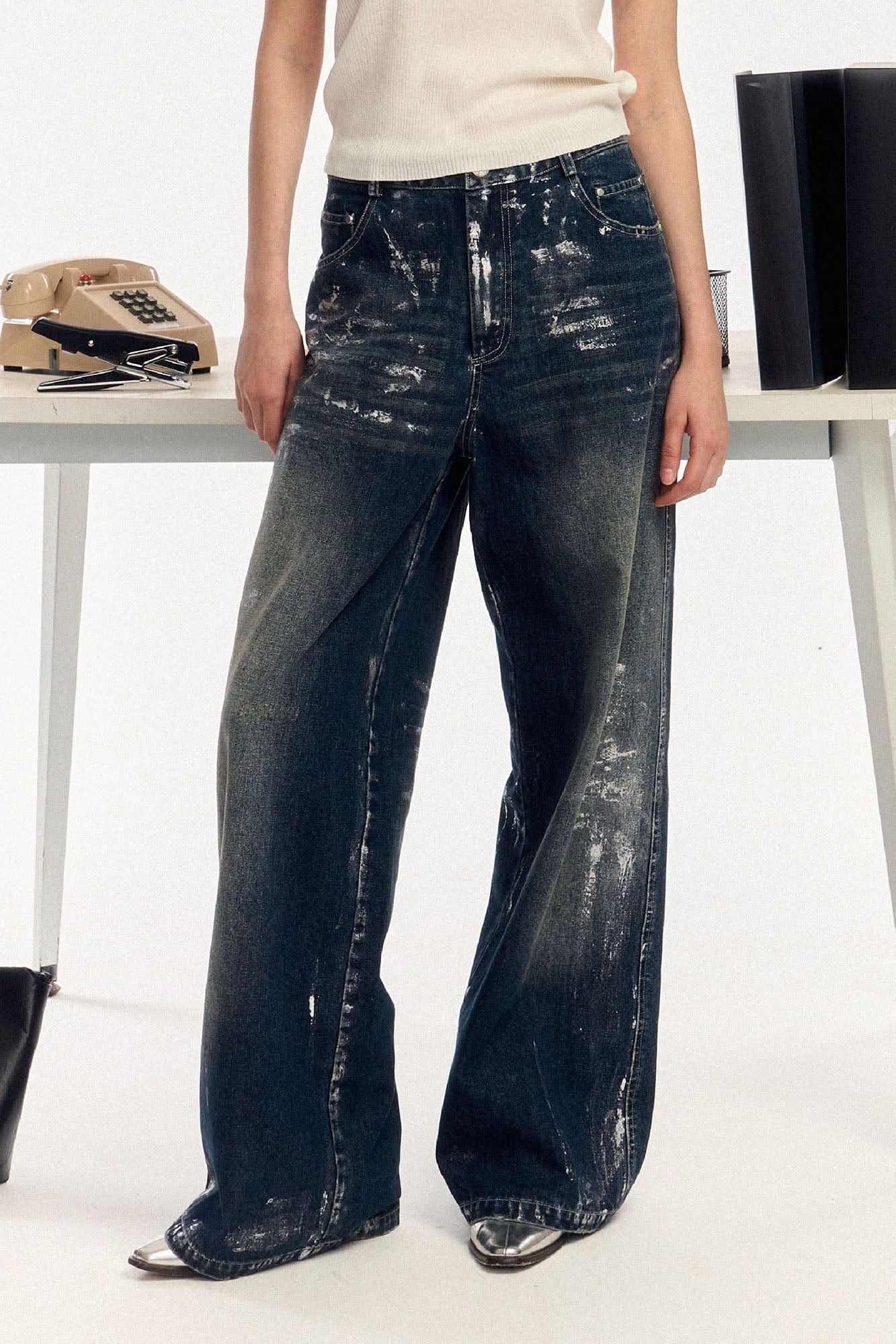OIPWORD Silver-Brushed Distressed Wide-Leg Jeans, premium urban and streetwear designers apparel on PROJECTISR.com, OIPWORD