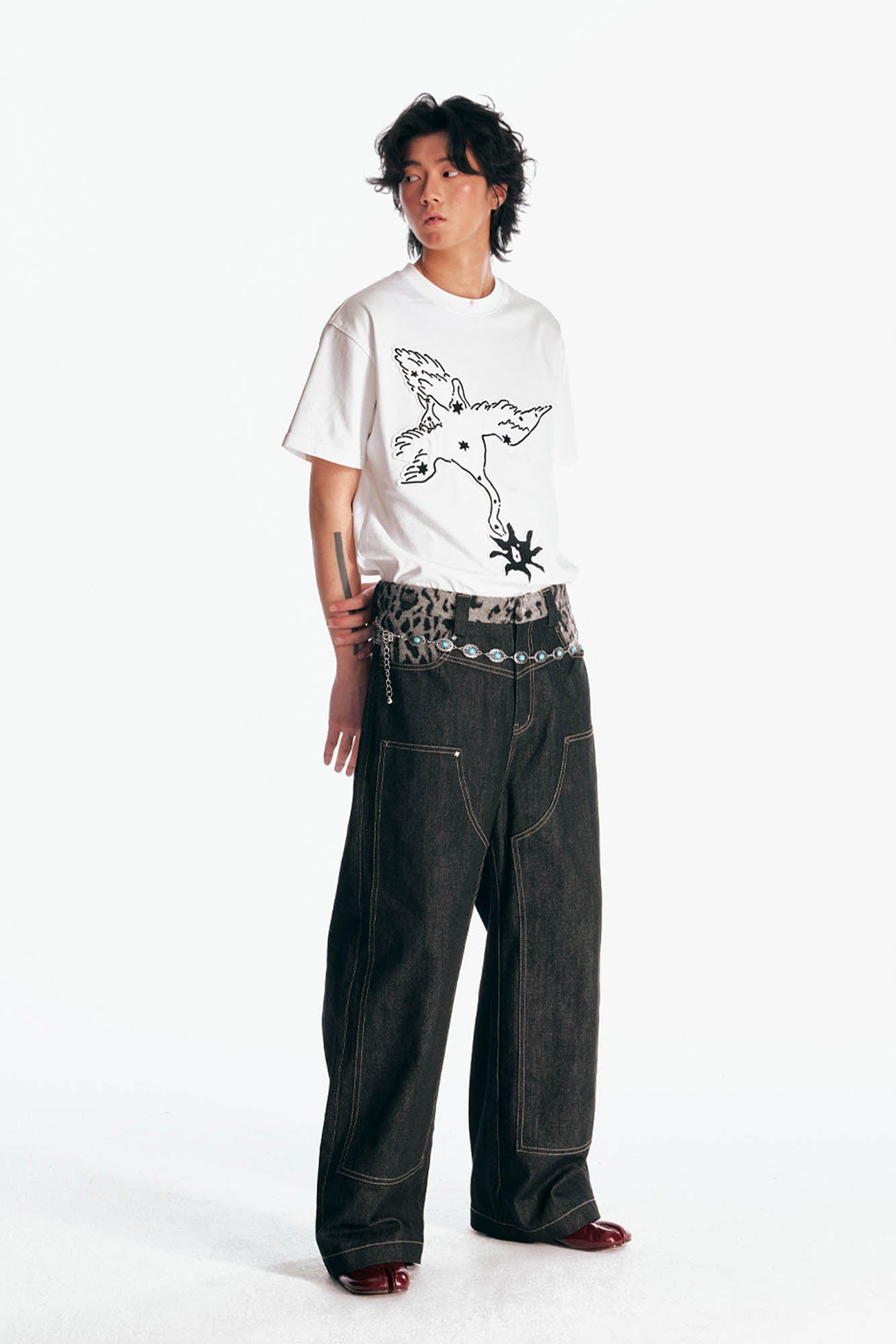 1997 POSTOFFICE Leopard Waist Double-Knee Wide-Leg Pants, premium urban and streetwear designers apparel on PROJECTISR.com, 1997 POSTOFFICE