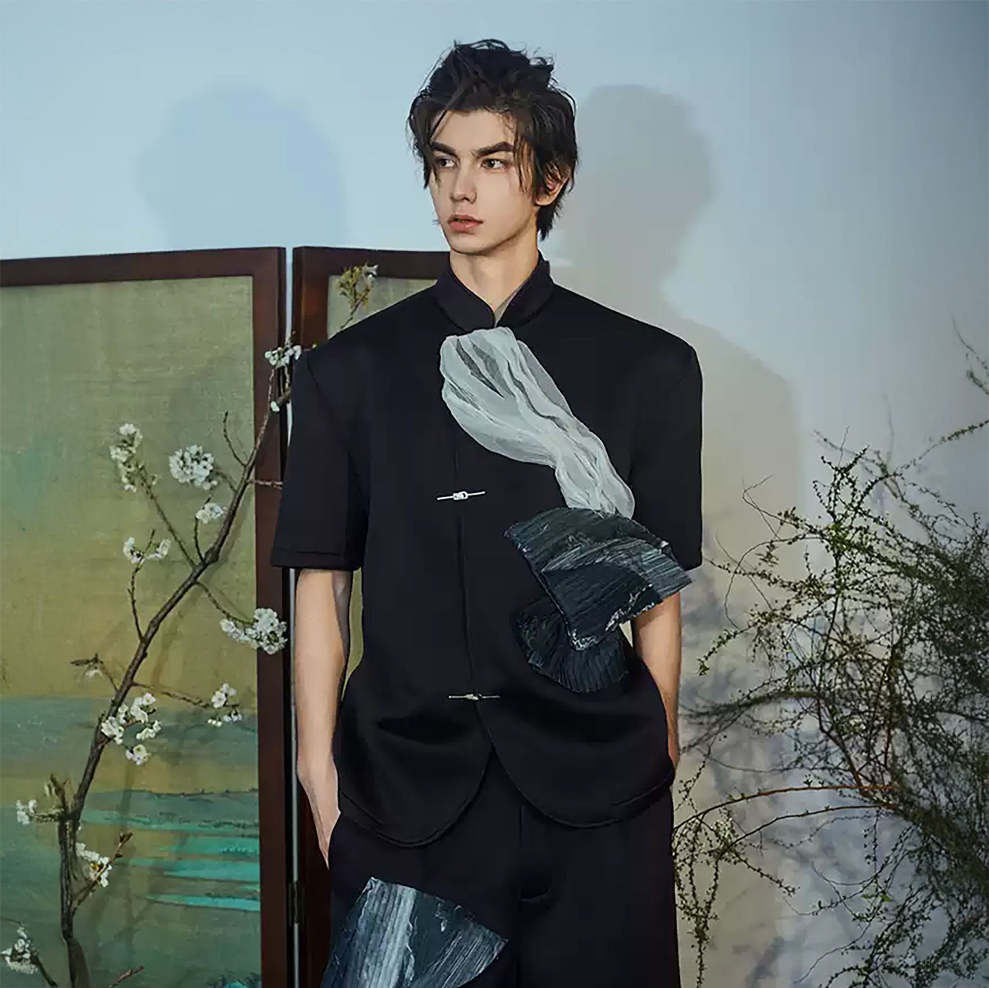 JIECHI Crinkled Tulle Layered Mandarin Collar Half Shirt, premium urban and streetwear designers apparel on PROJECTISR.com, JIECHI