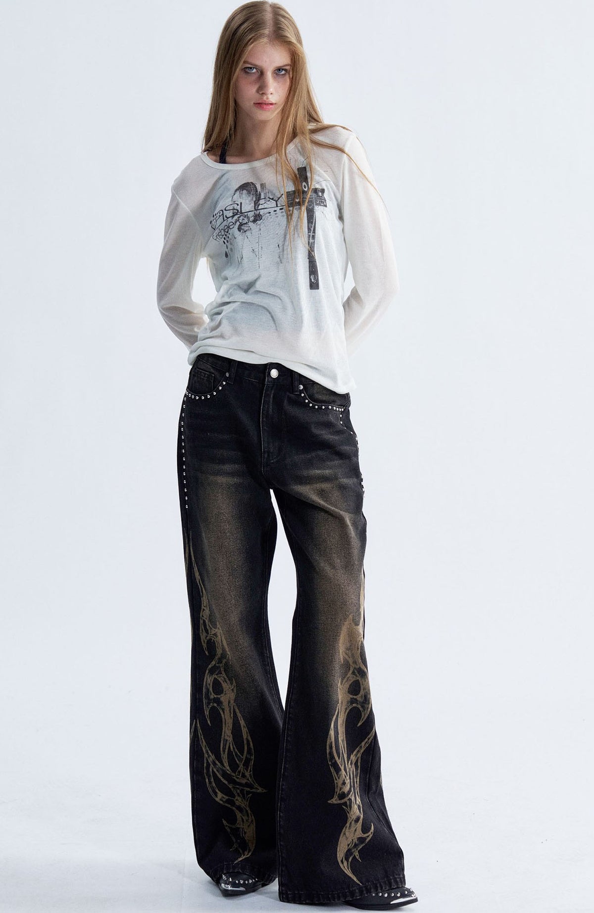 PAIKI Flame Totem Rivet Washed Straight-Leg Jeans