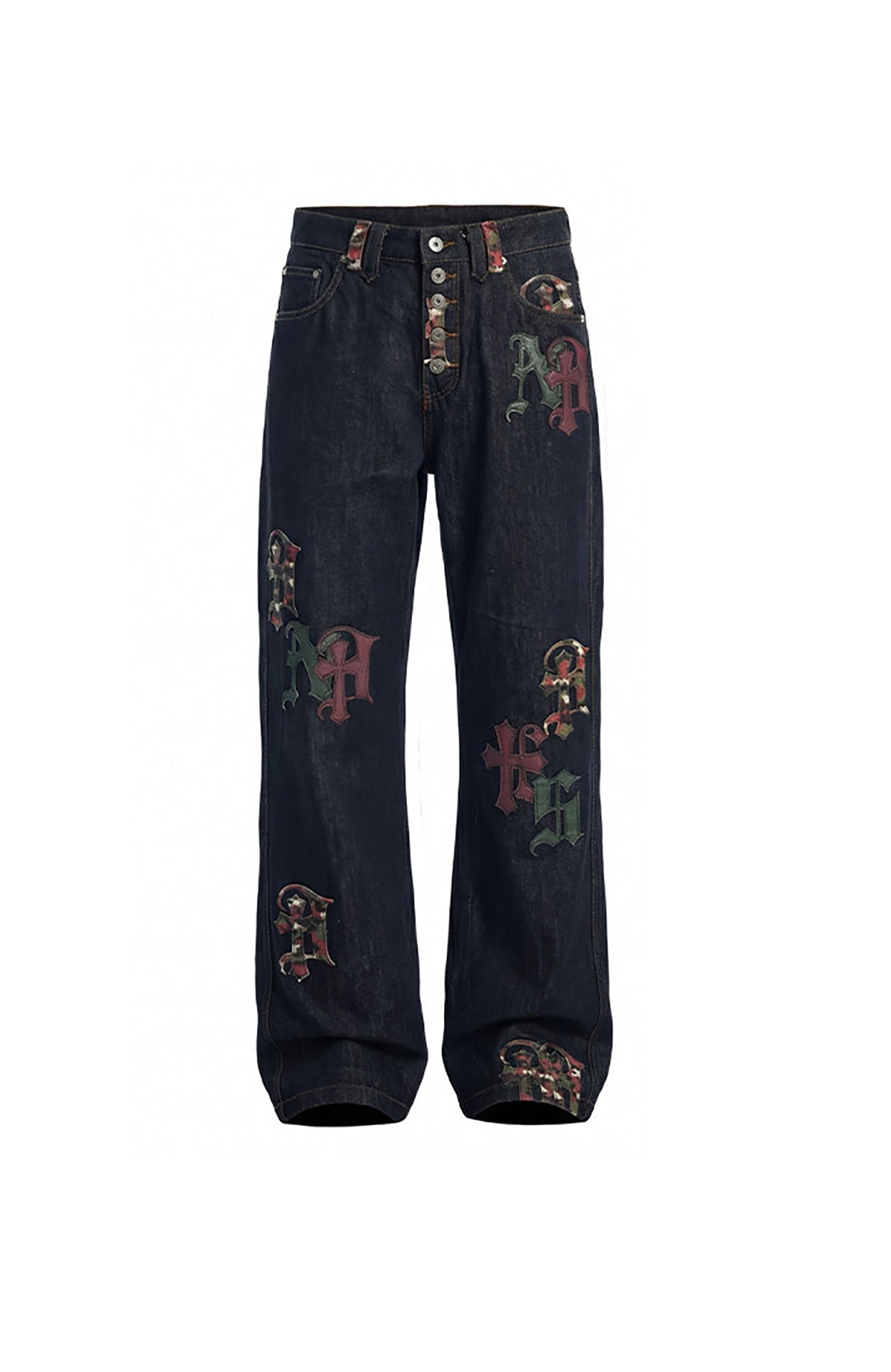 DND4DES Gothic Camo Patchwork Raw Denim Pants, premium urban and streetwear designers apparel on PROJECTISR.com, DND4DES