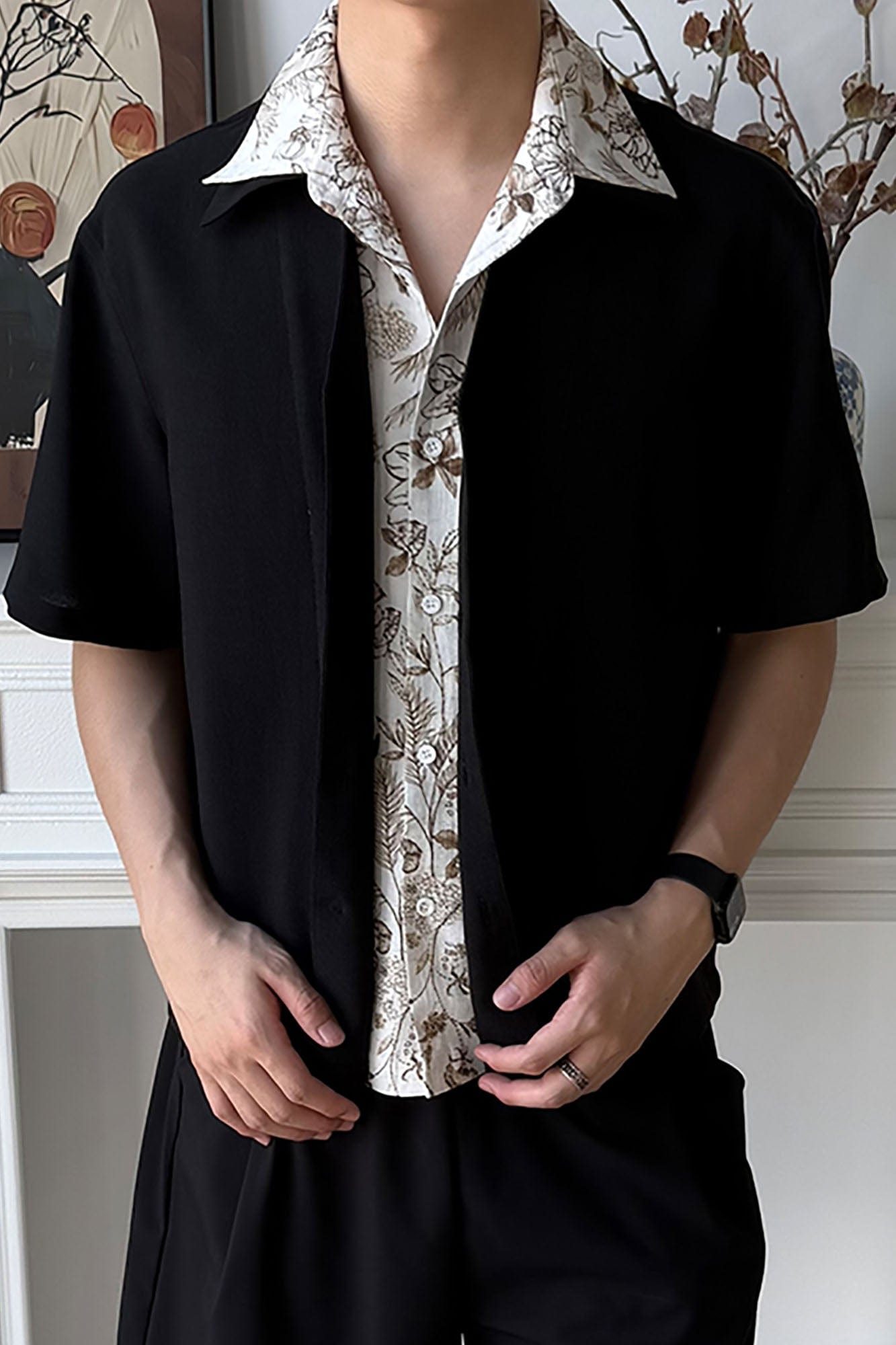 OKAYTHXBYE Double-Layer Floral Half Shirt