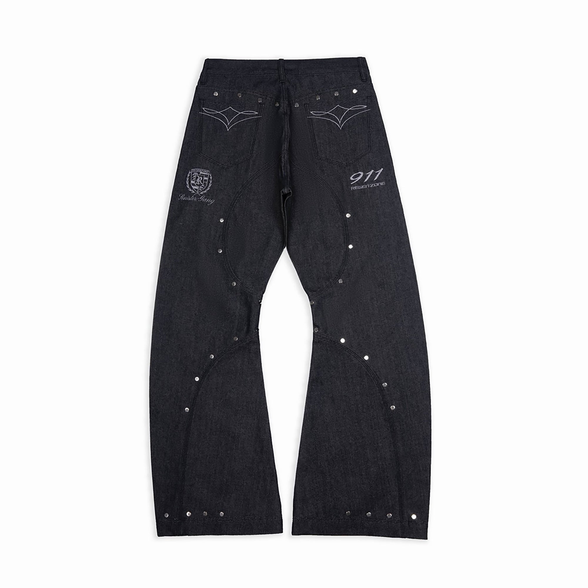 REGEN ZONE Racing Embroidered Studded Deconstructed Curved Jeans