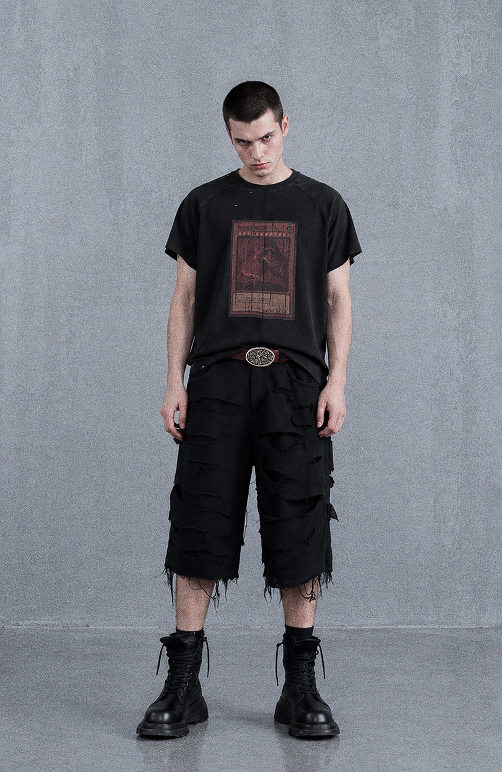 UNDERWATER Distressed Raw Edge Denim Shorts
